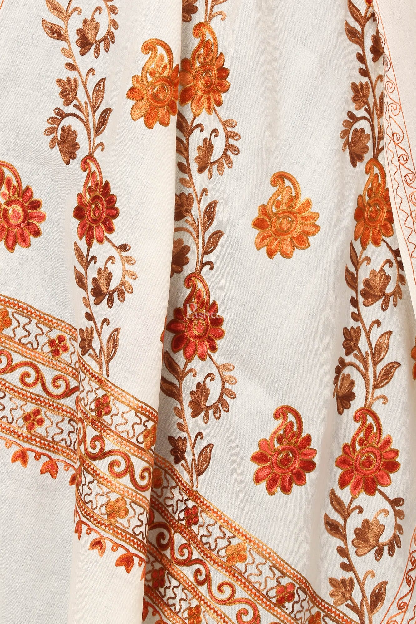 Pashtush Aari Embroidery Stole, Fine Wool, White - Image 3