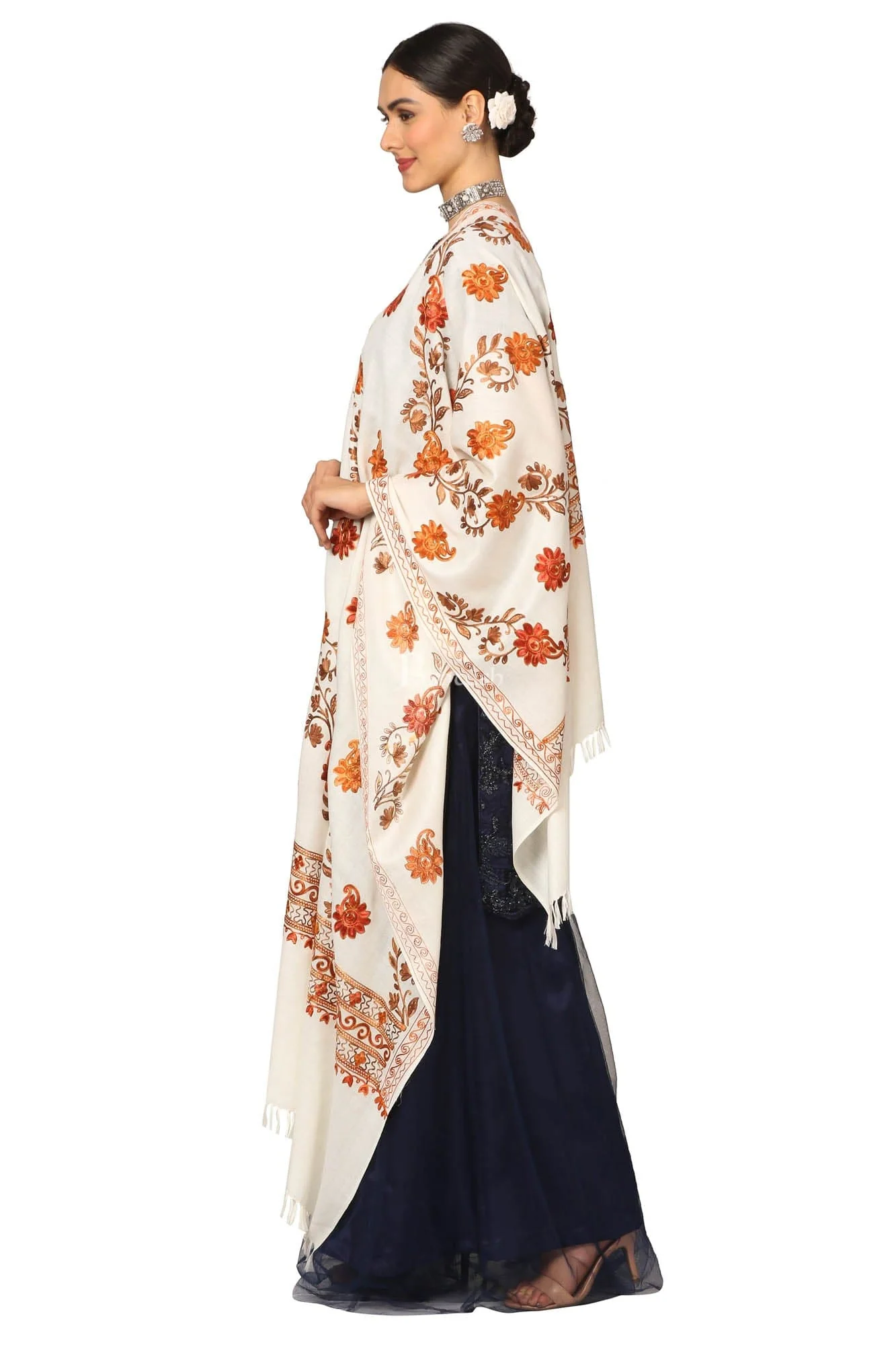 Pashtush Aari Embroidery Stole, Fine Wool, White - Image 5