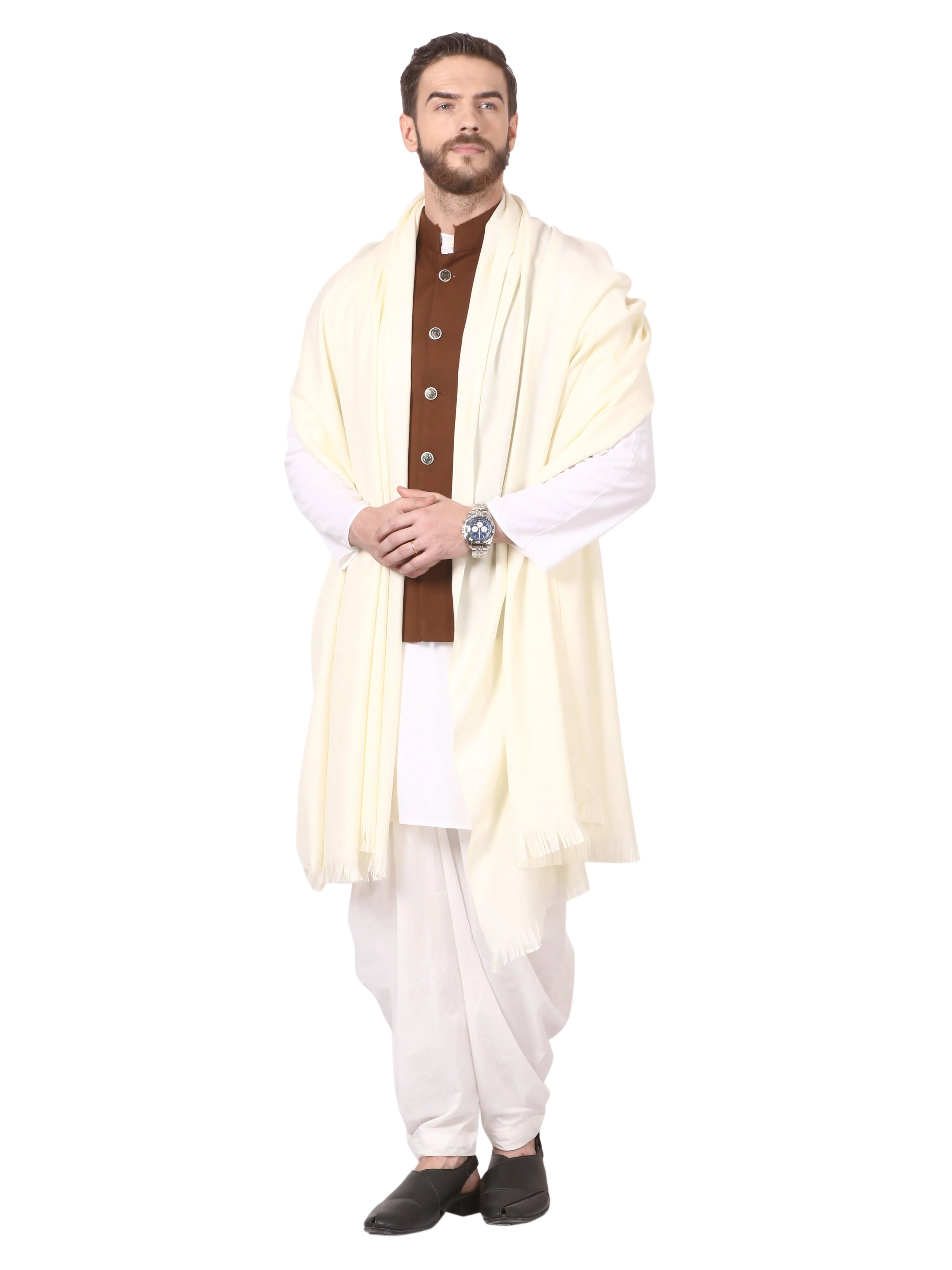 PASHTUSH MENS THICK WOOLLEN LOHI, MENS SHAWL WITH 50% WOOL,IVORY - Image 3