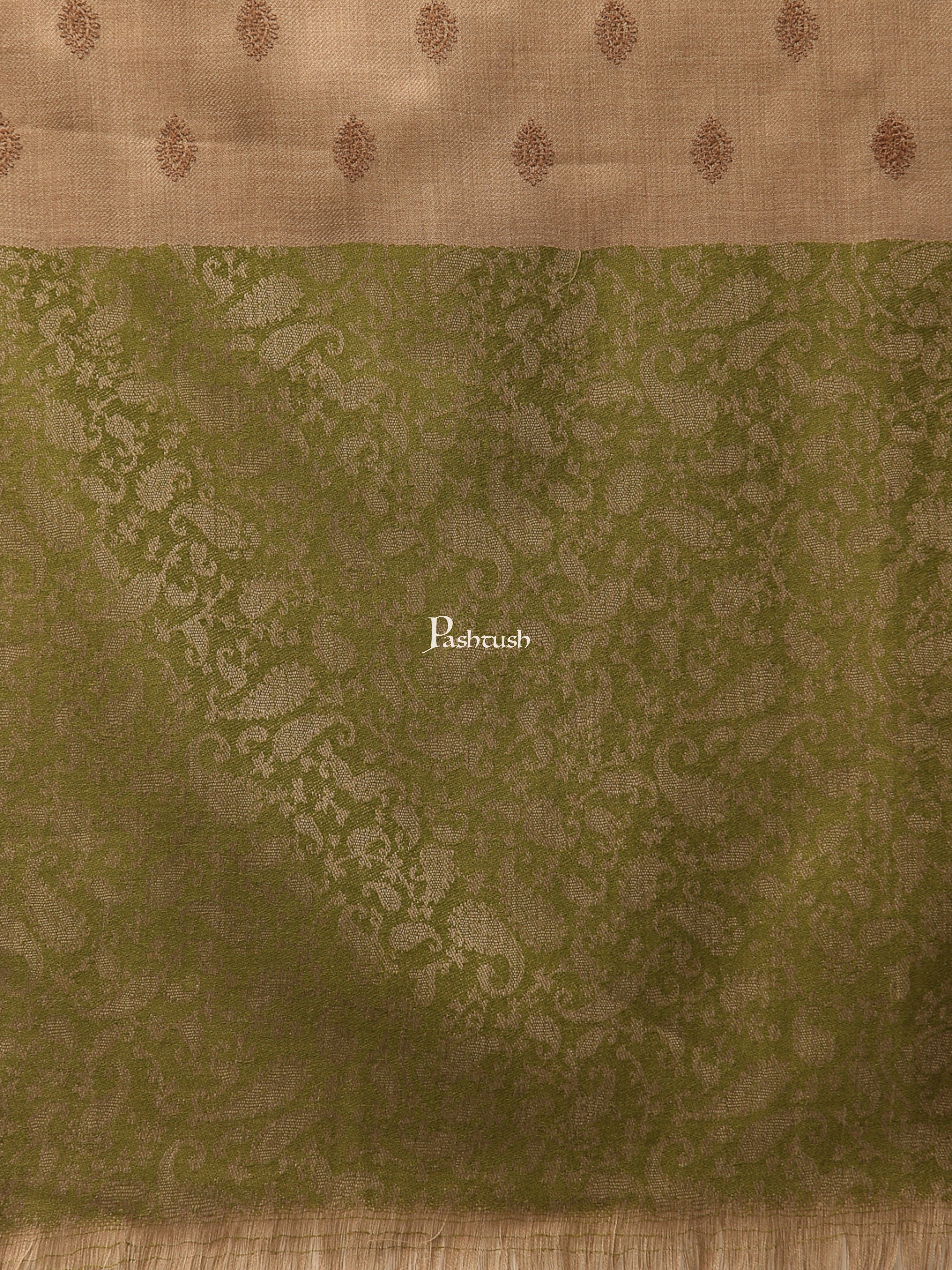 Pashtush Womens Embroidery Shawl, Jacquard Palla, Fine Wool, Beige and Green - Image 3
