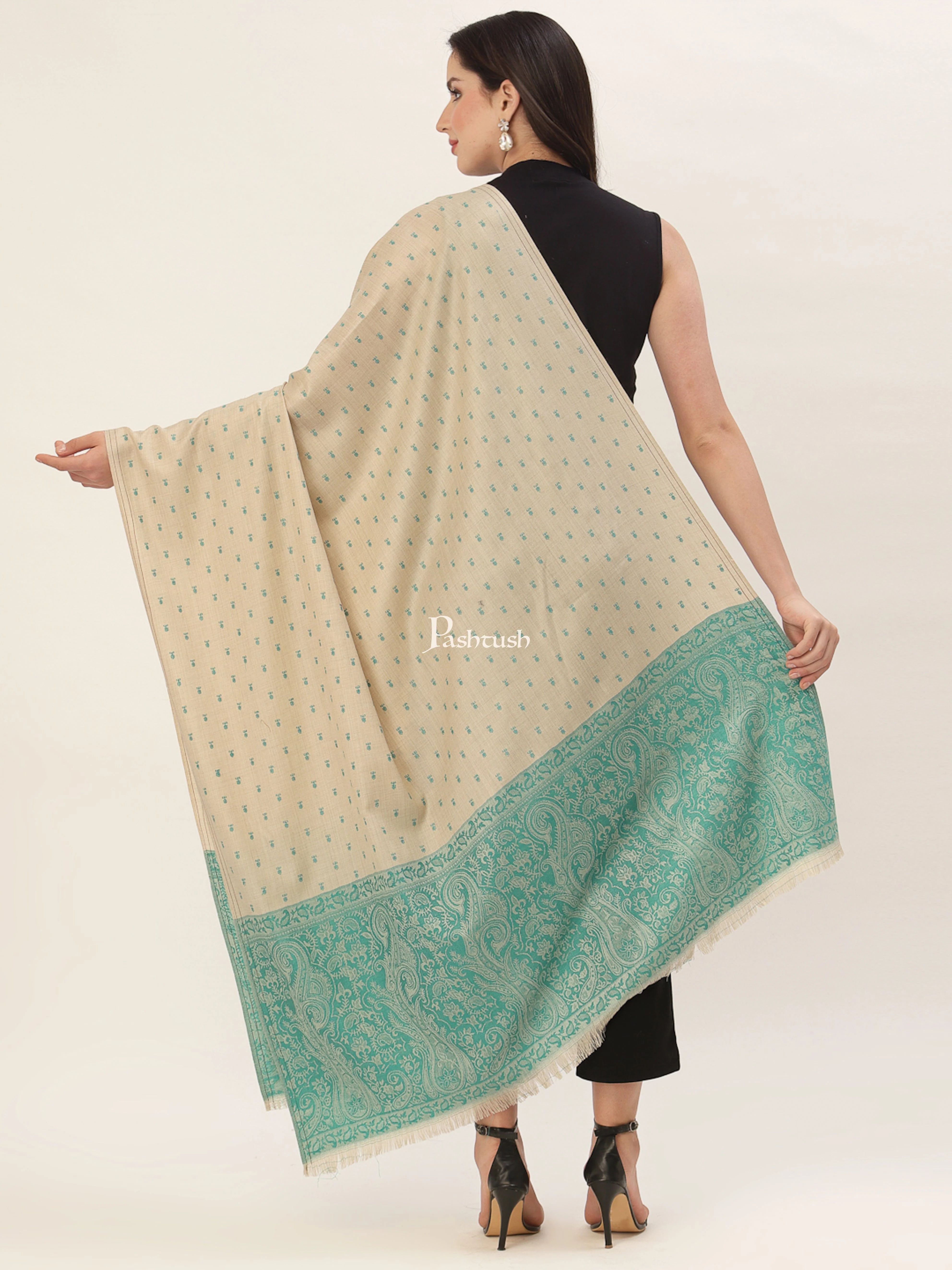 Pashtush Womens Embroidery Shawl, Jacquard Palla, Fine Wool - Image 3