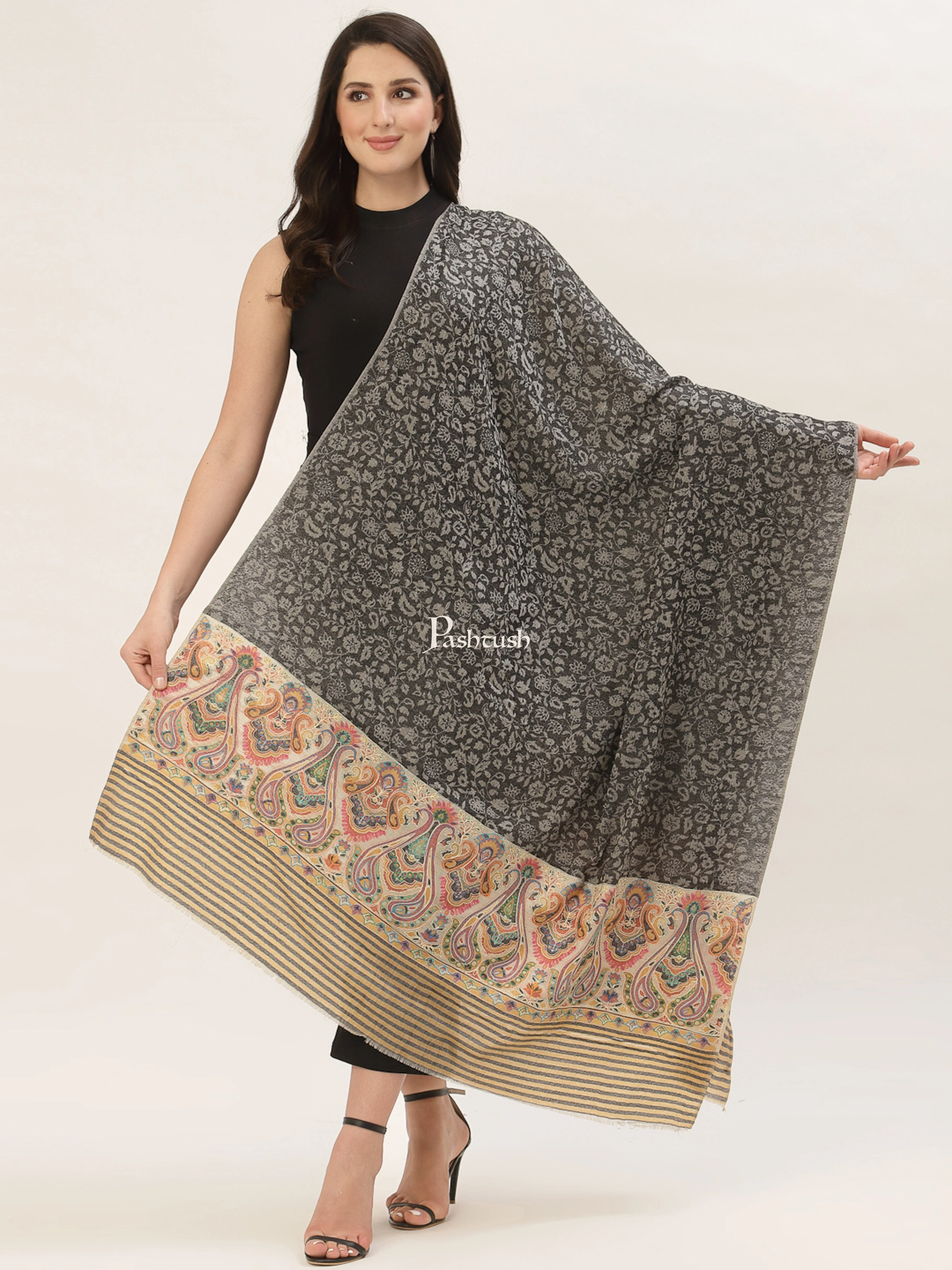 Pashtush Womens Fine Wool Shawl, With Ethnic Palla Weave - Image 2