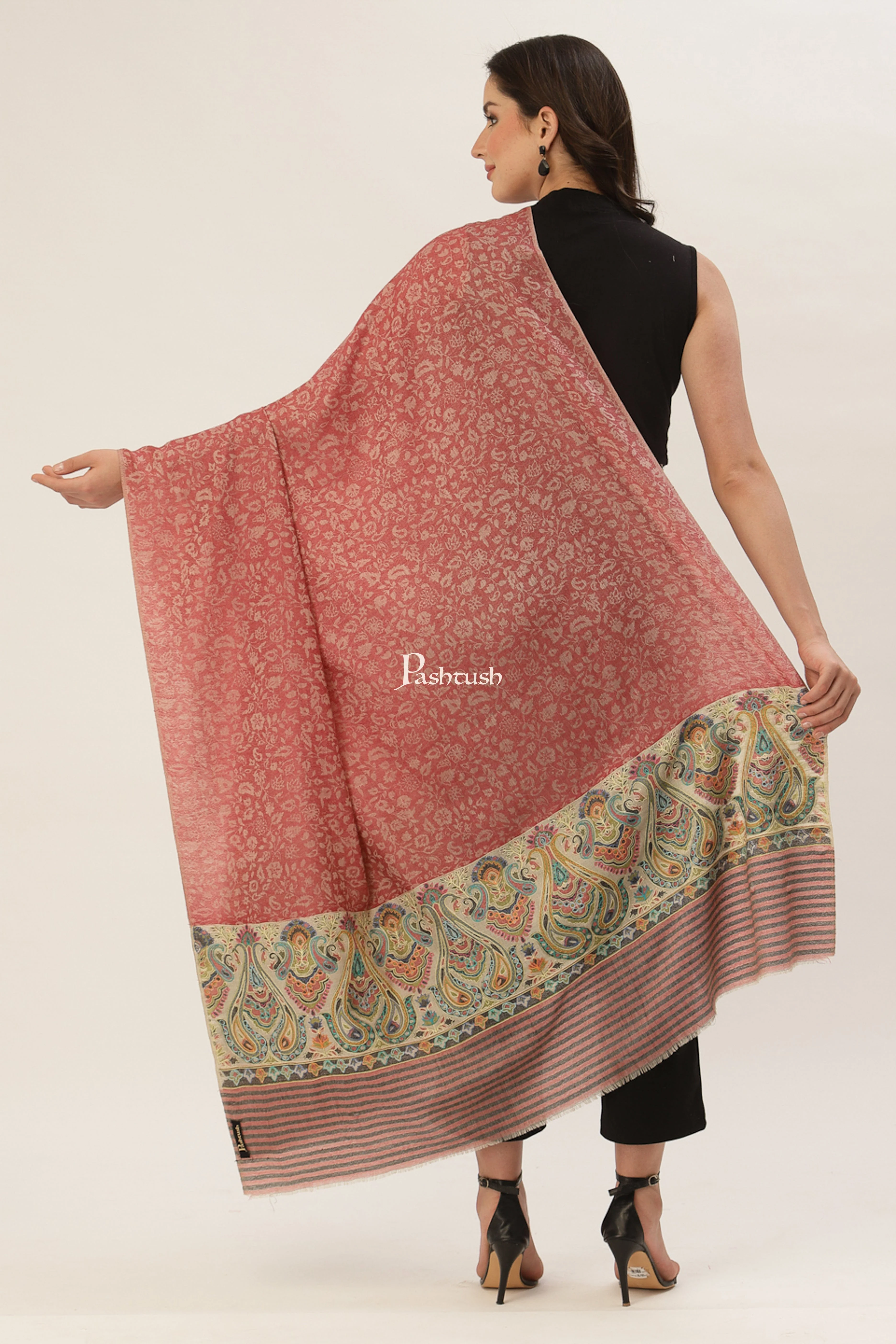 Pashtush Womens Fine Wool Shawl, With Ethnic Palla Weave - Image 4