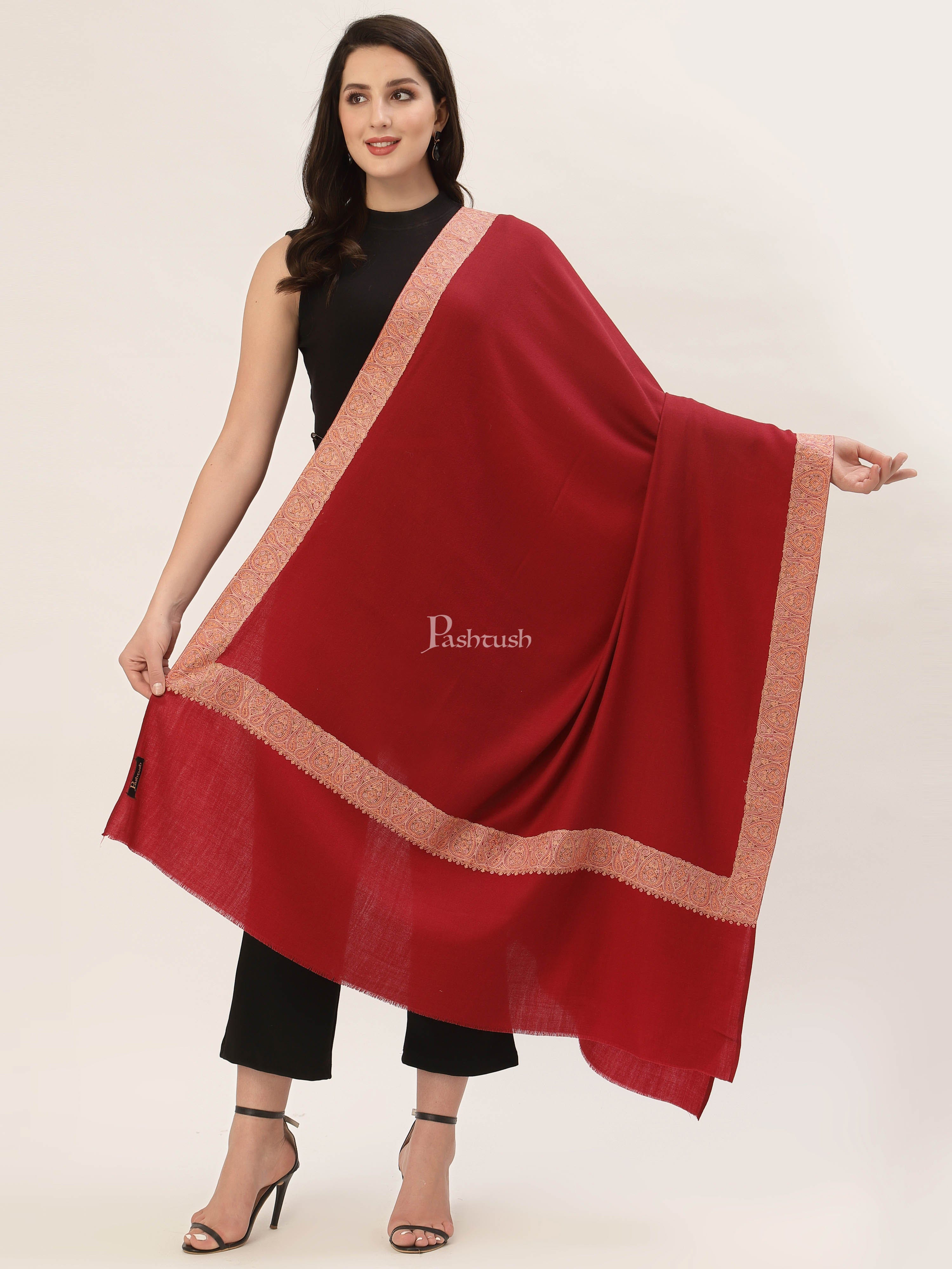 Pashtush Womens Embroidery Shawl, Challa Daur Border, Fine Wool