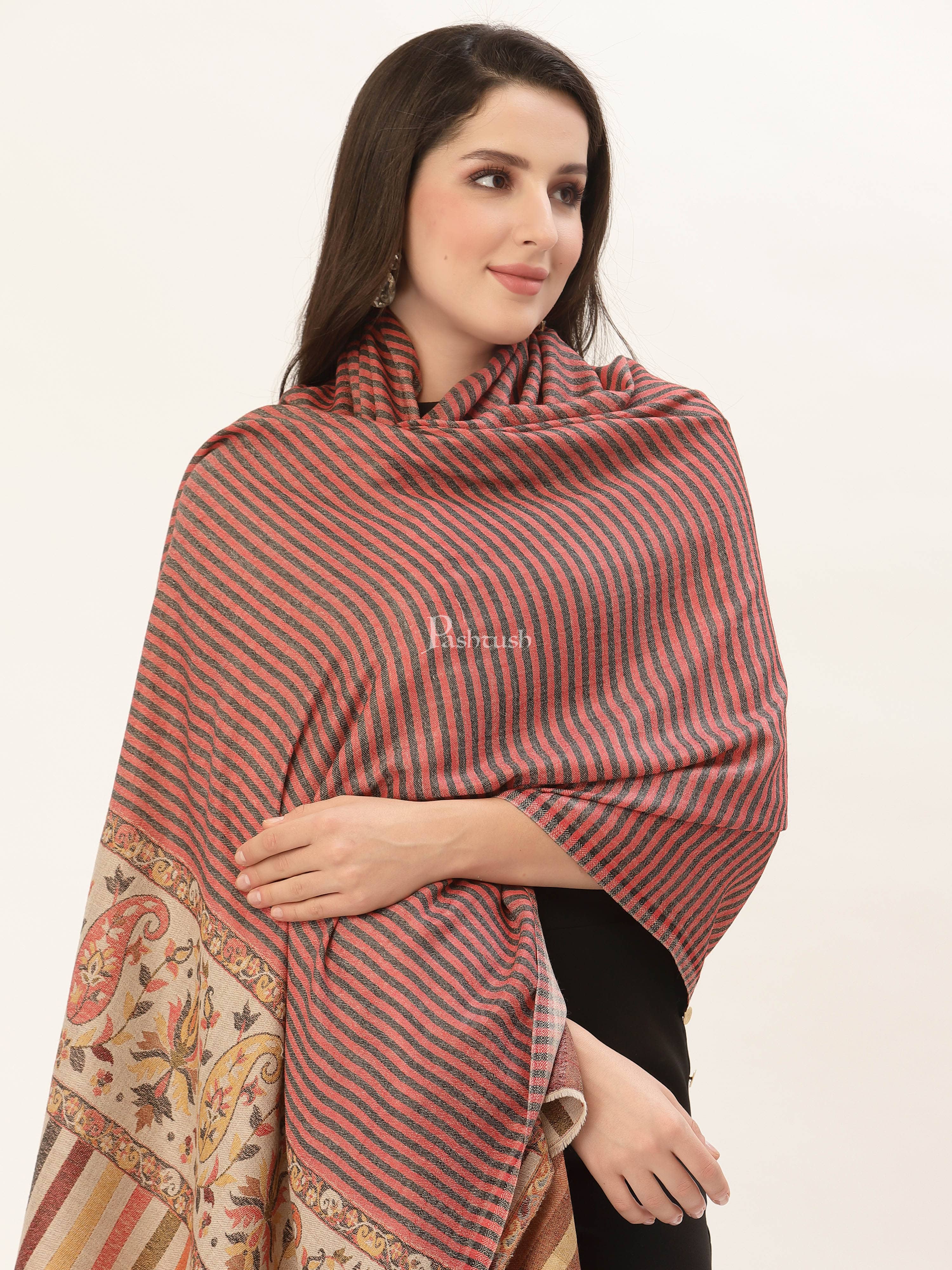 PASHTUSH WOMENS FINE WOOL SHAWL, WITH ETHNIC PALLA WEAVE - Image 4