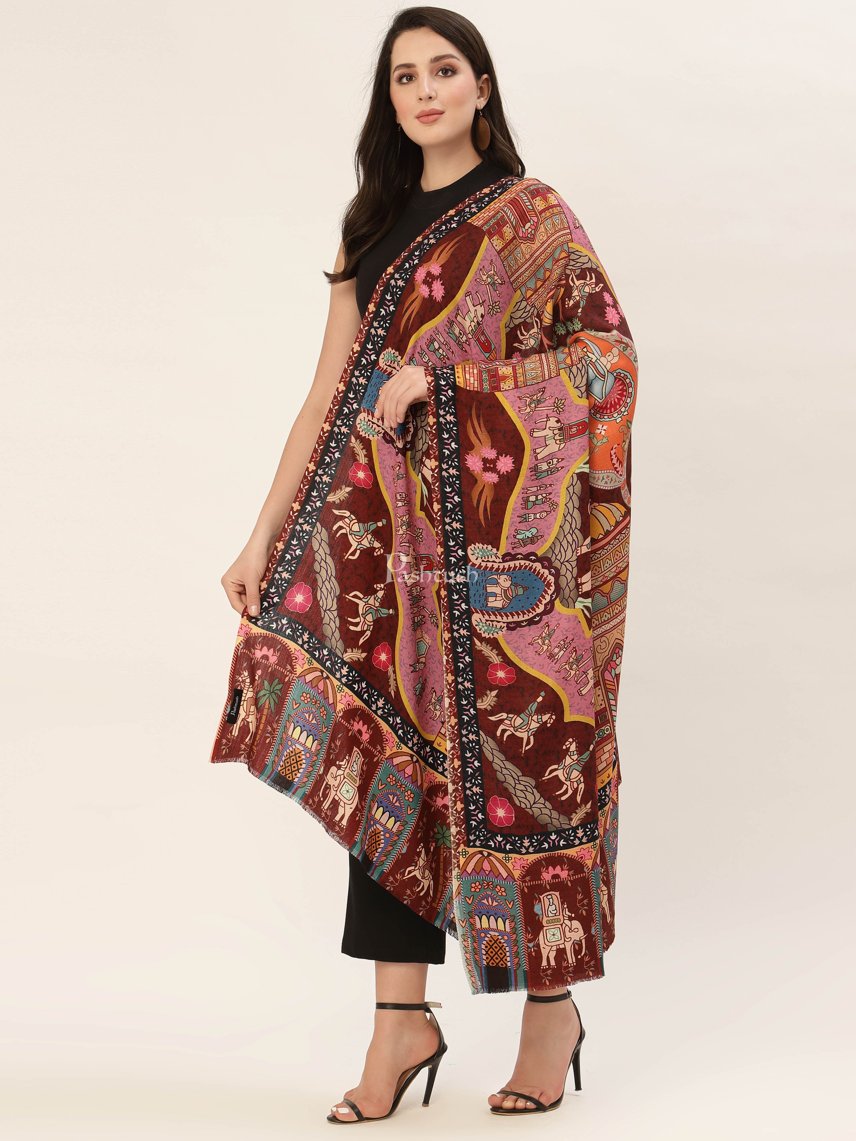 Pashtush Womens, Pure Wool, Printed Darbar Shawl, Woolmark Certified. - Image 6