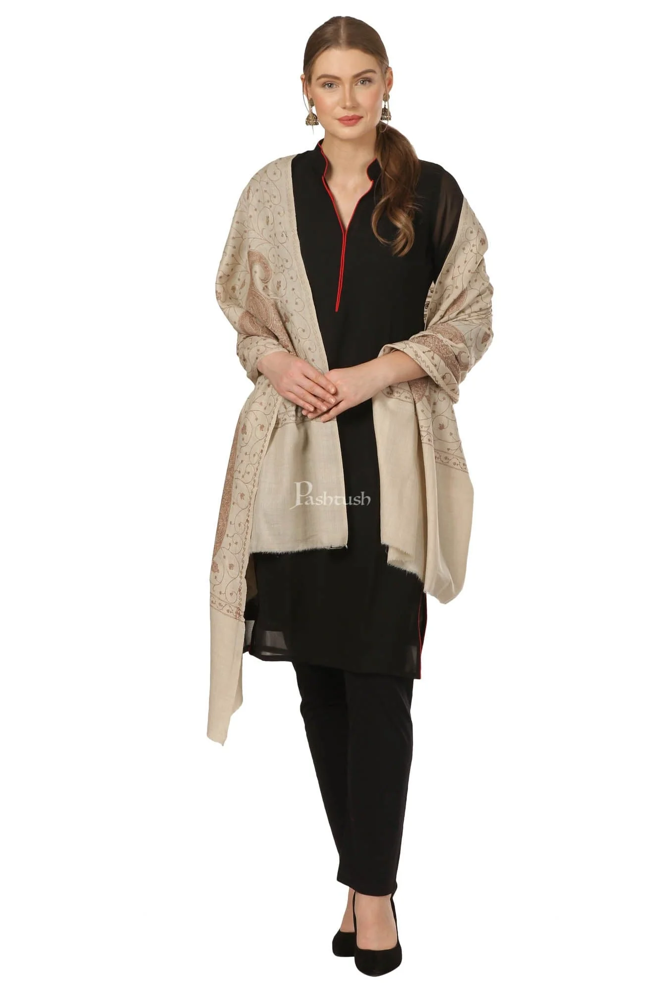 Pashtush Womens Shawl With Tone On Tone Embroidery, Soft Warm, Light Weight Wool - Image 4