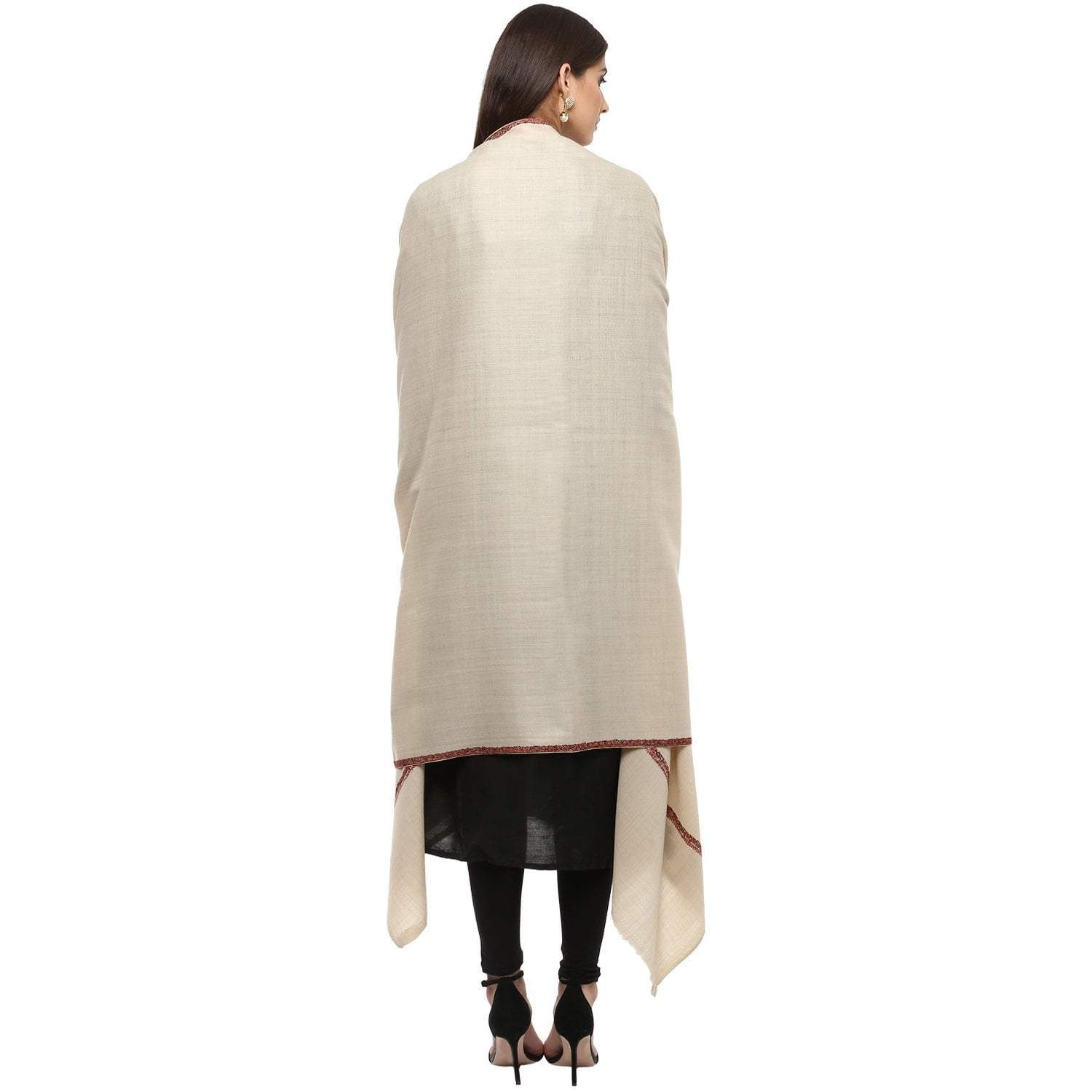 Pashtush Women 100% Hand Embroidery Woollen Shawl, Beige - Image 3