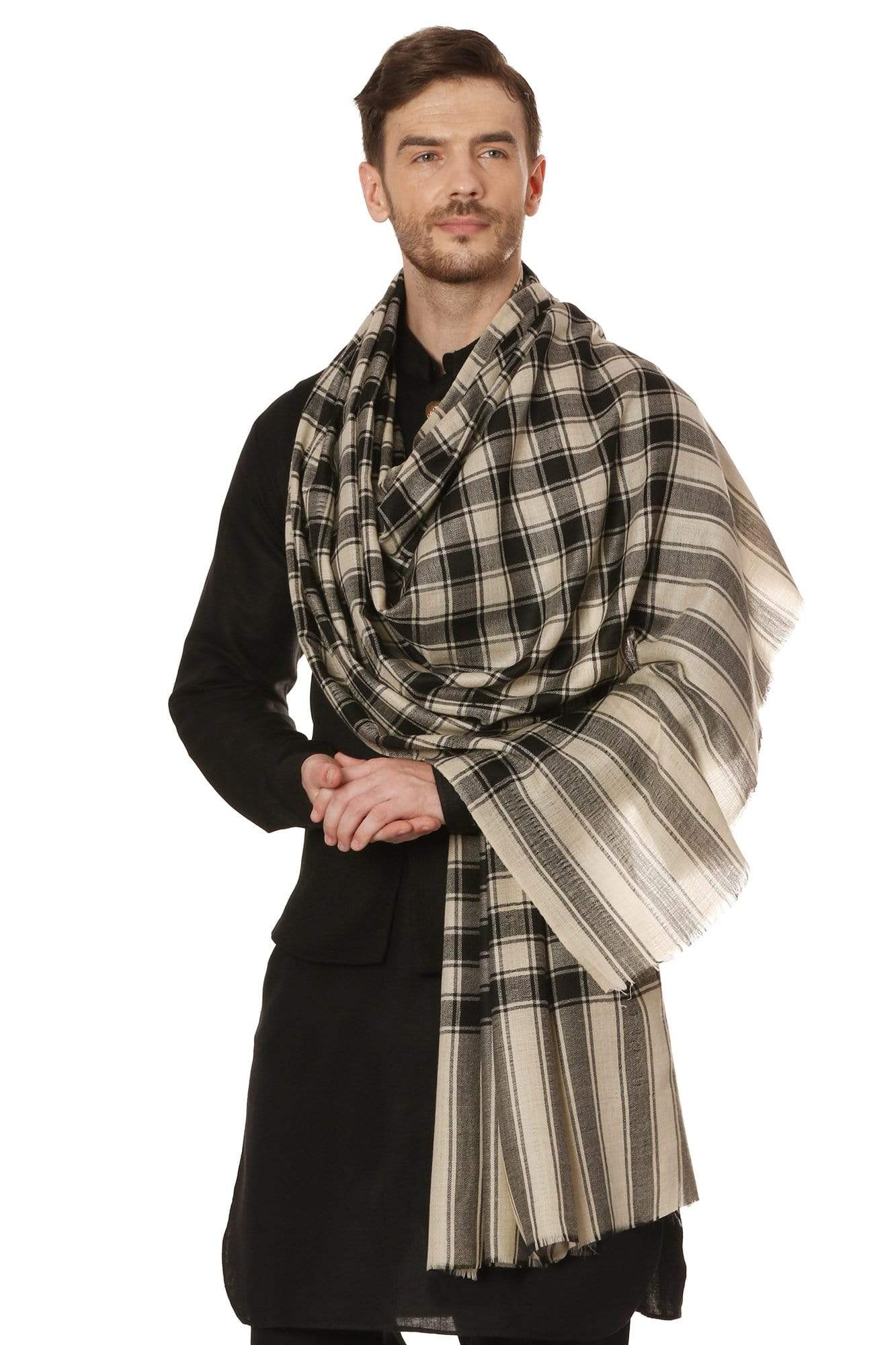 Pashtush Mens Fine Wool Checkered Stole, Extra Soft And Warm - Black And Beige - Image 2
