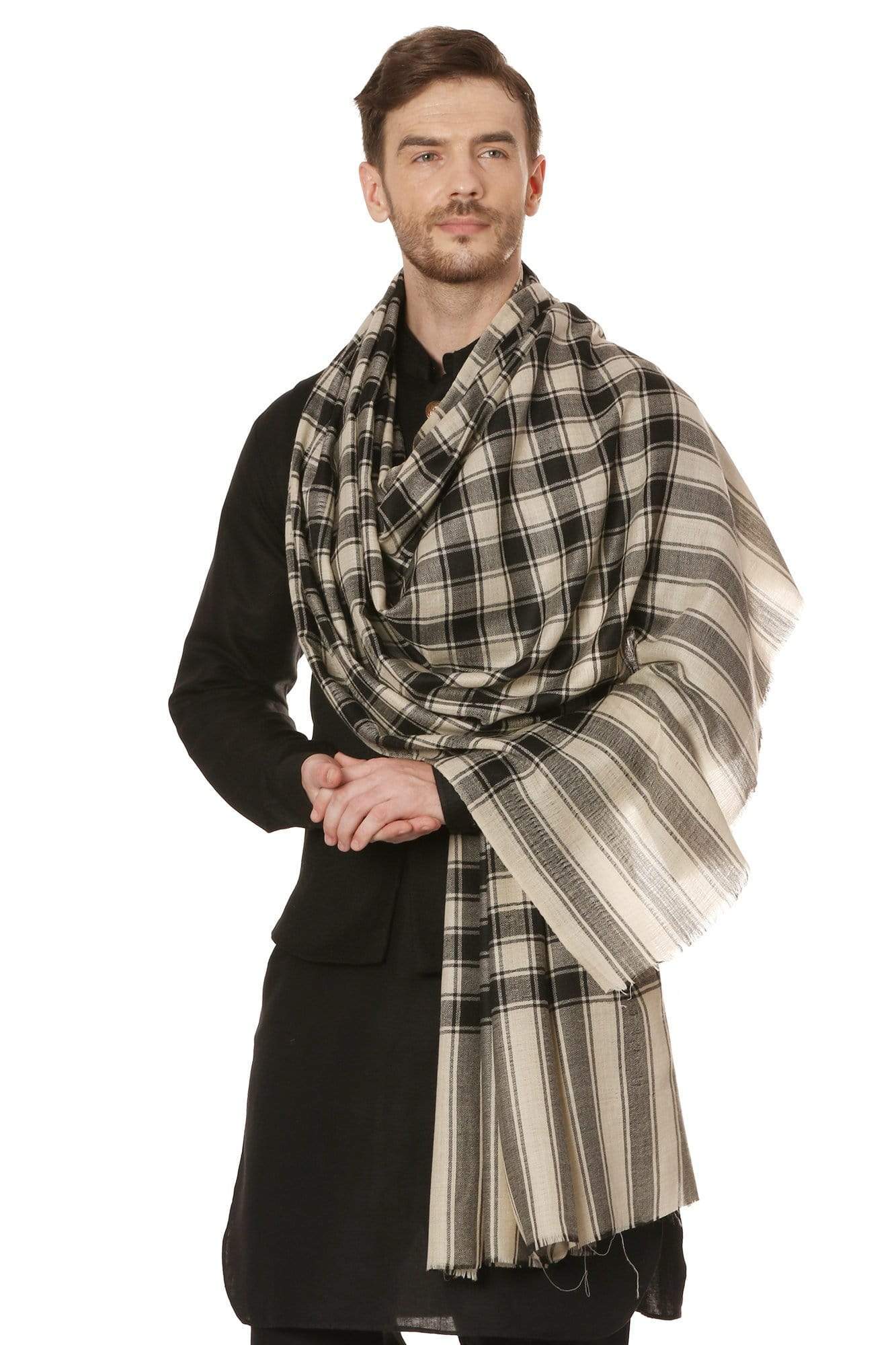 Pashtush Mens Fine Wool Checkered Stole, Extra Soft And Warm - Black And Beige - Image 3