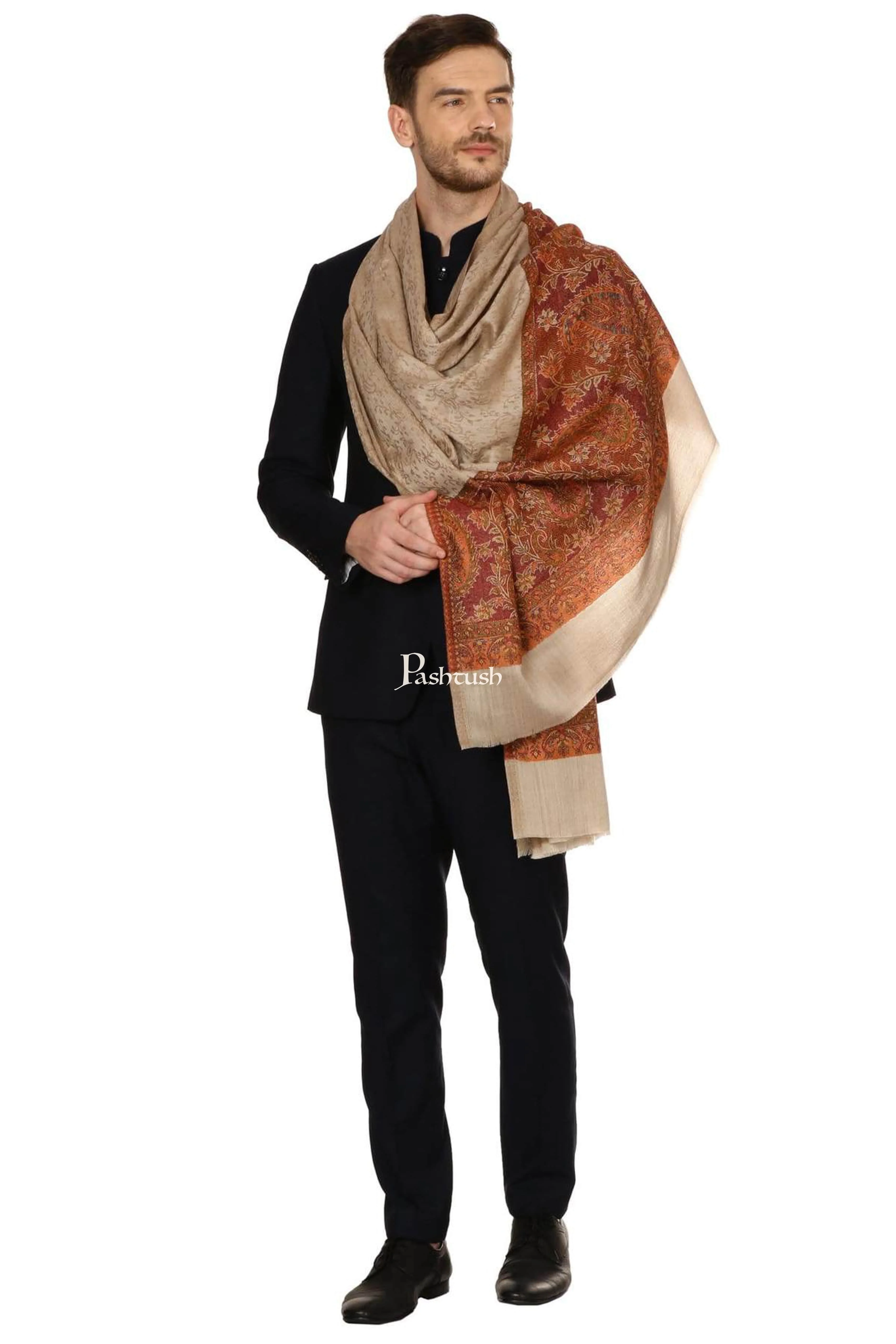 Pashtush Mens Fine Wool Jacquard Stole, Brown - Image 8