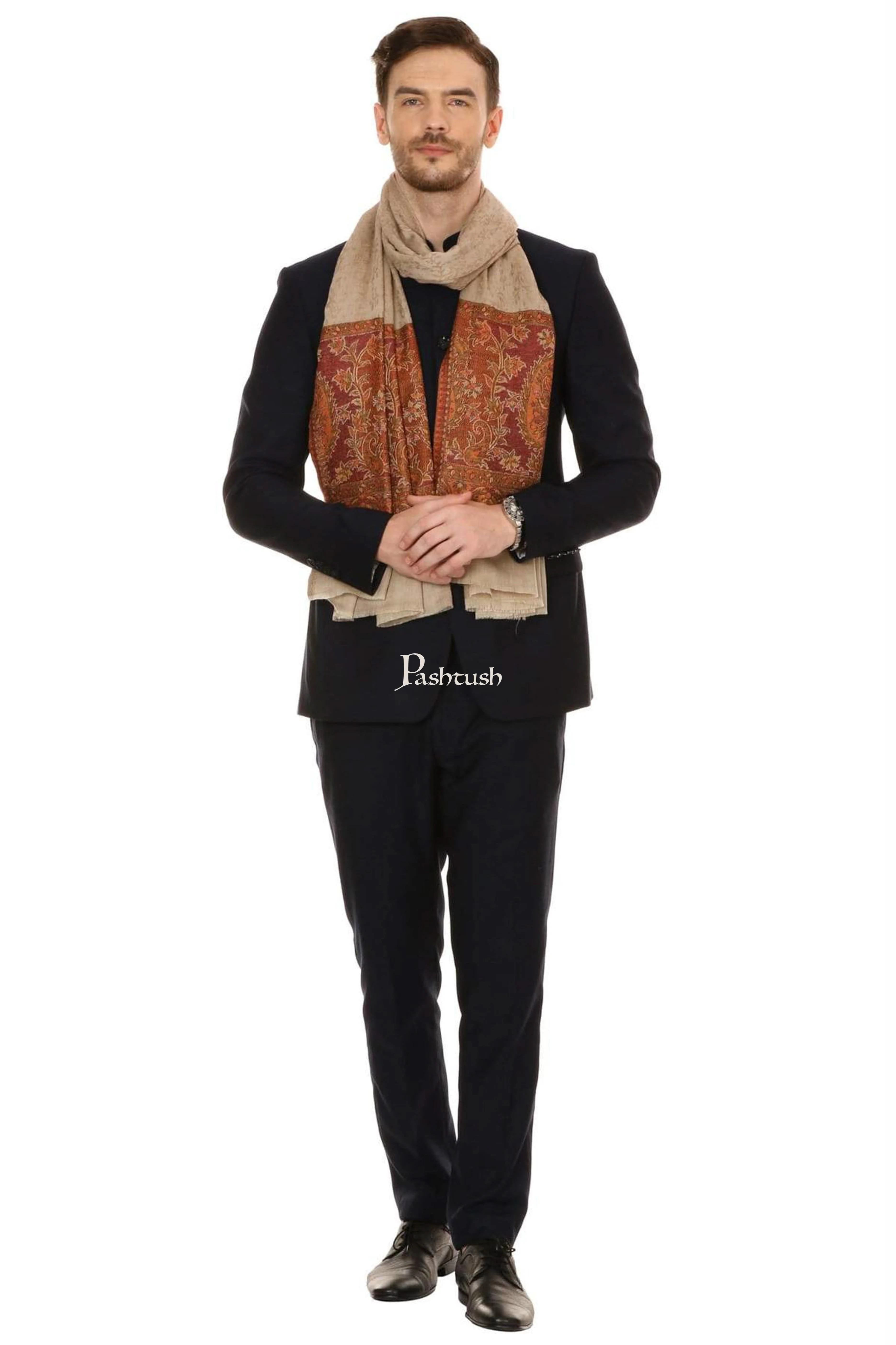 Pashtush Mens Fine Wool Jacquard Stole, Brown - Image 9
