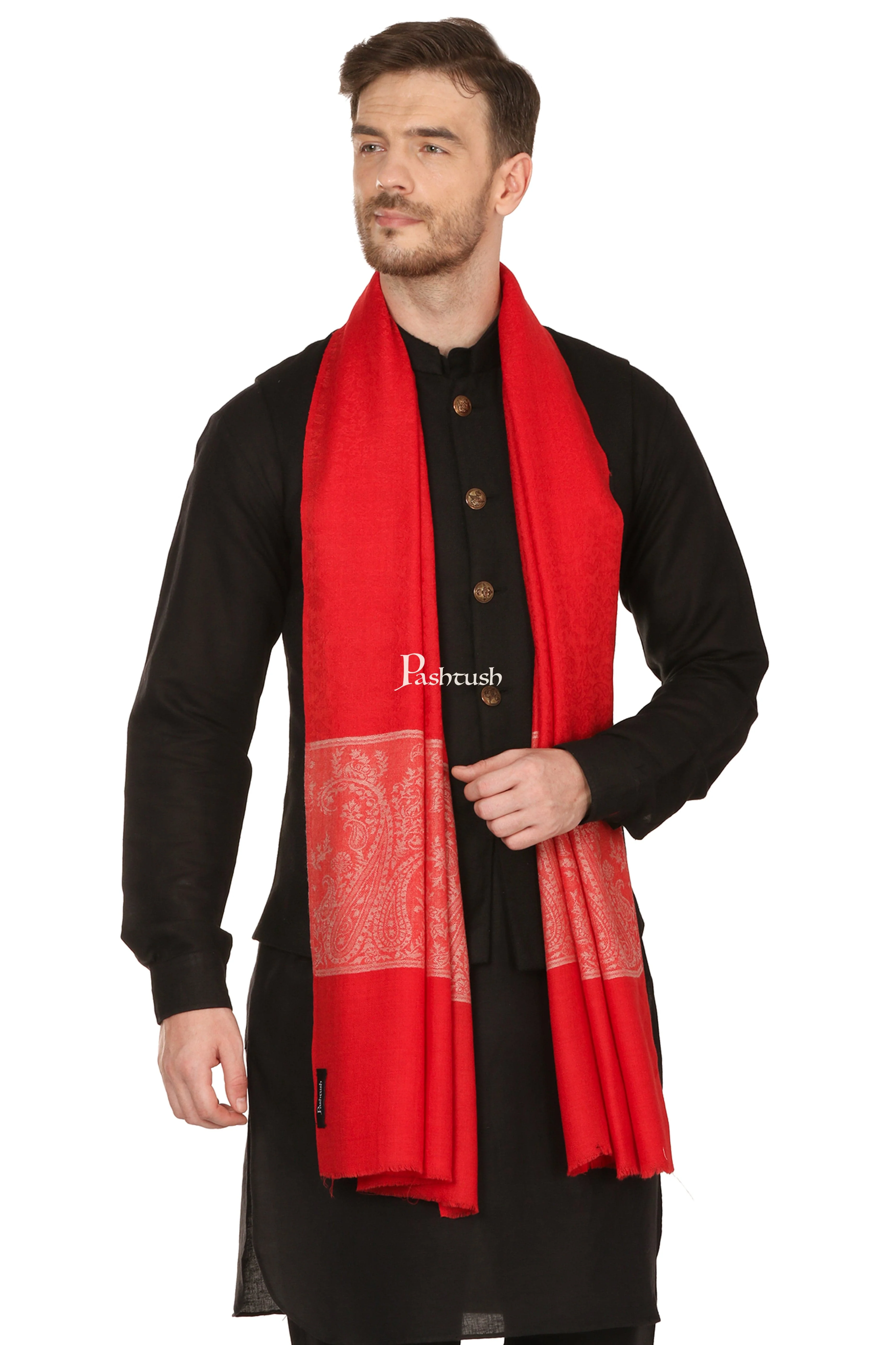 Pashtush Mens Fine Wool Stole, Red - Image 4