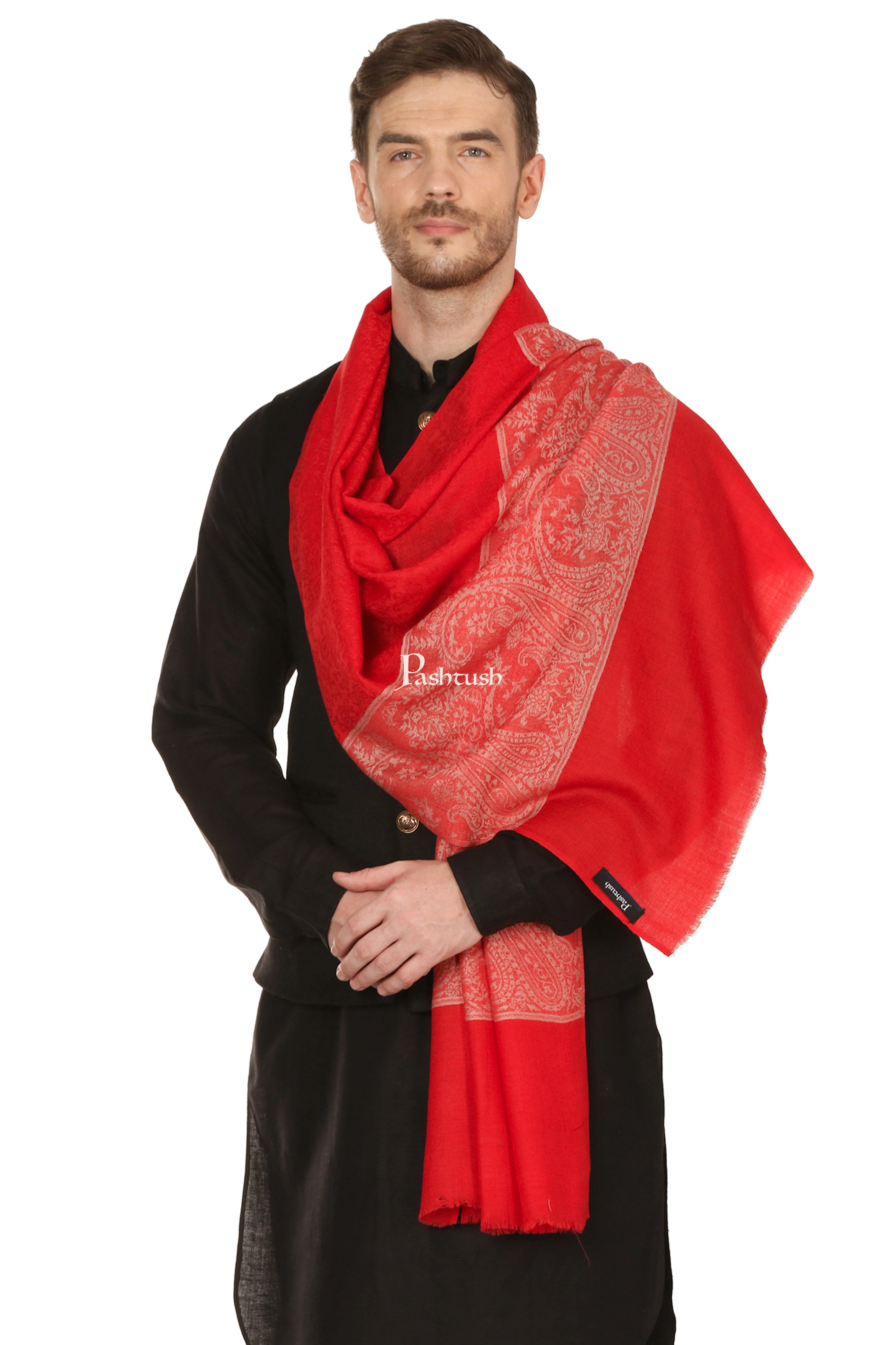 Pashtush Mens Fine Wool Stole, Red - Image 8