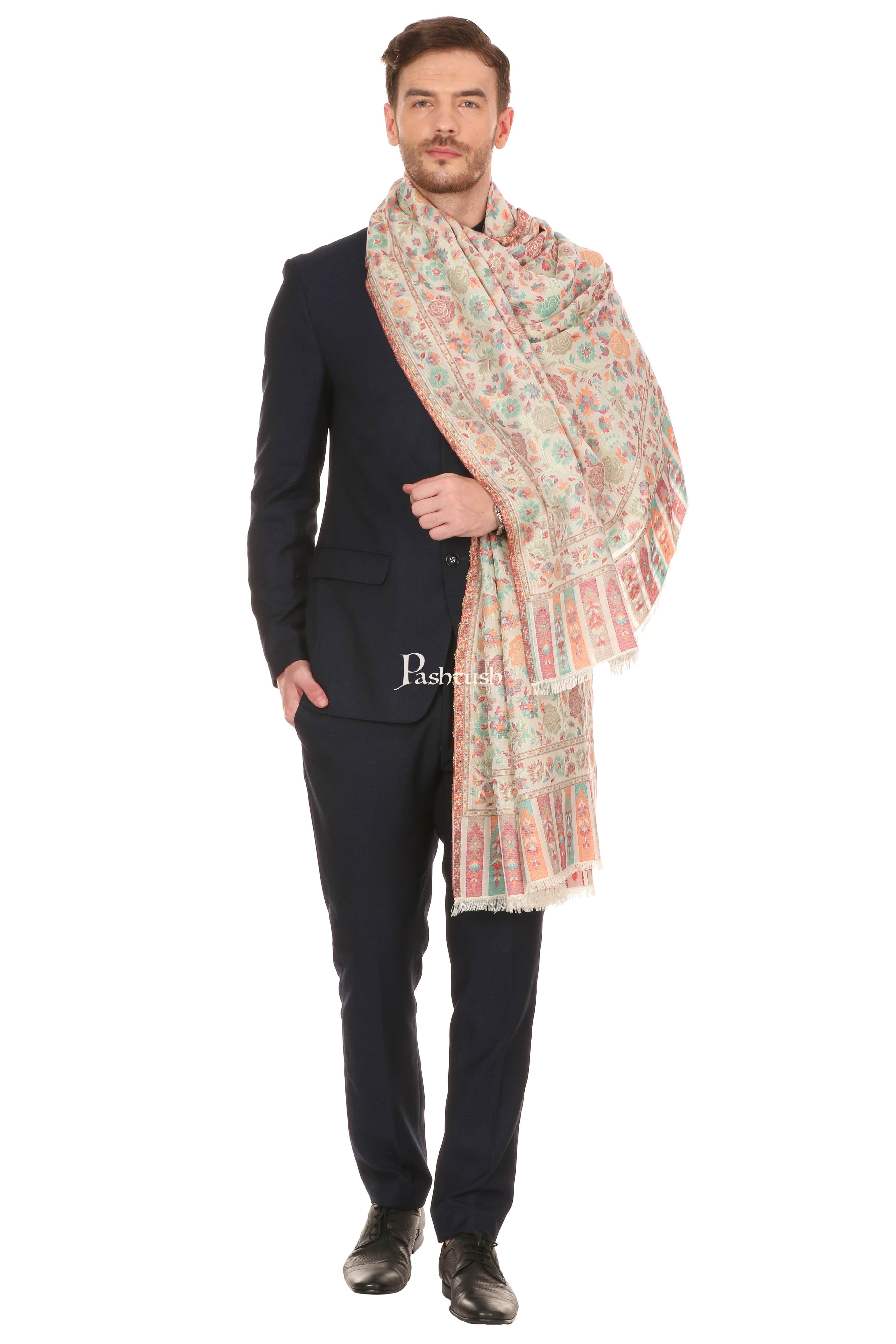 Pashtush Mens Gulaabdar Ethnic Stole, Woven Design Ivory