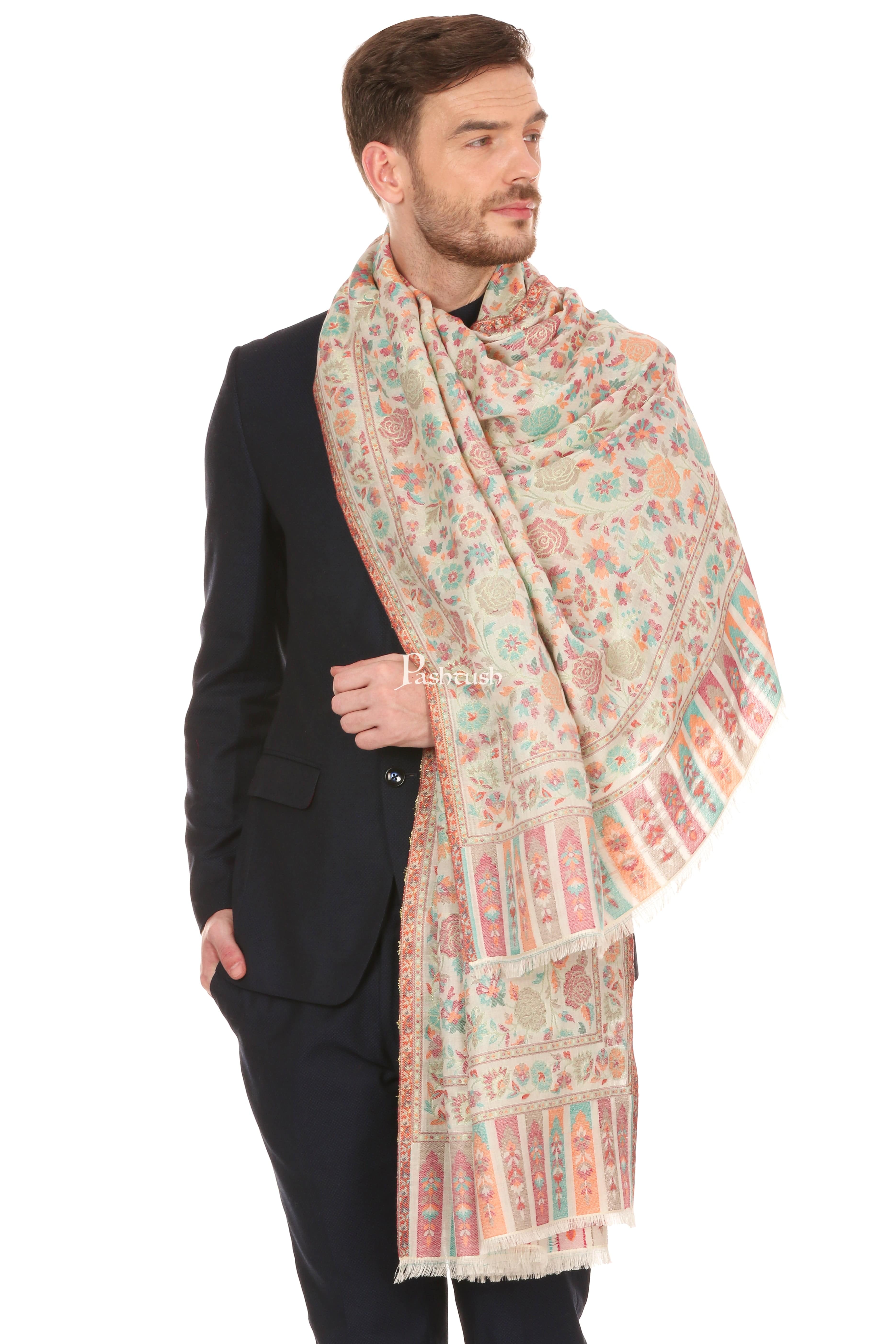Pashtush Mens Gulaabdar Ethnic Stole, Woven Design Ivory - Image 3