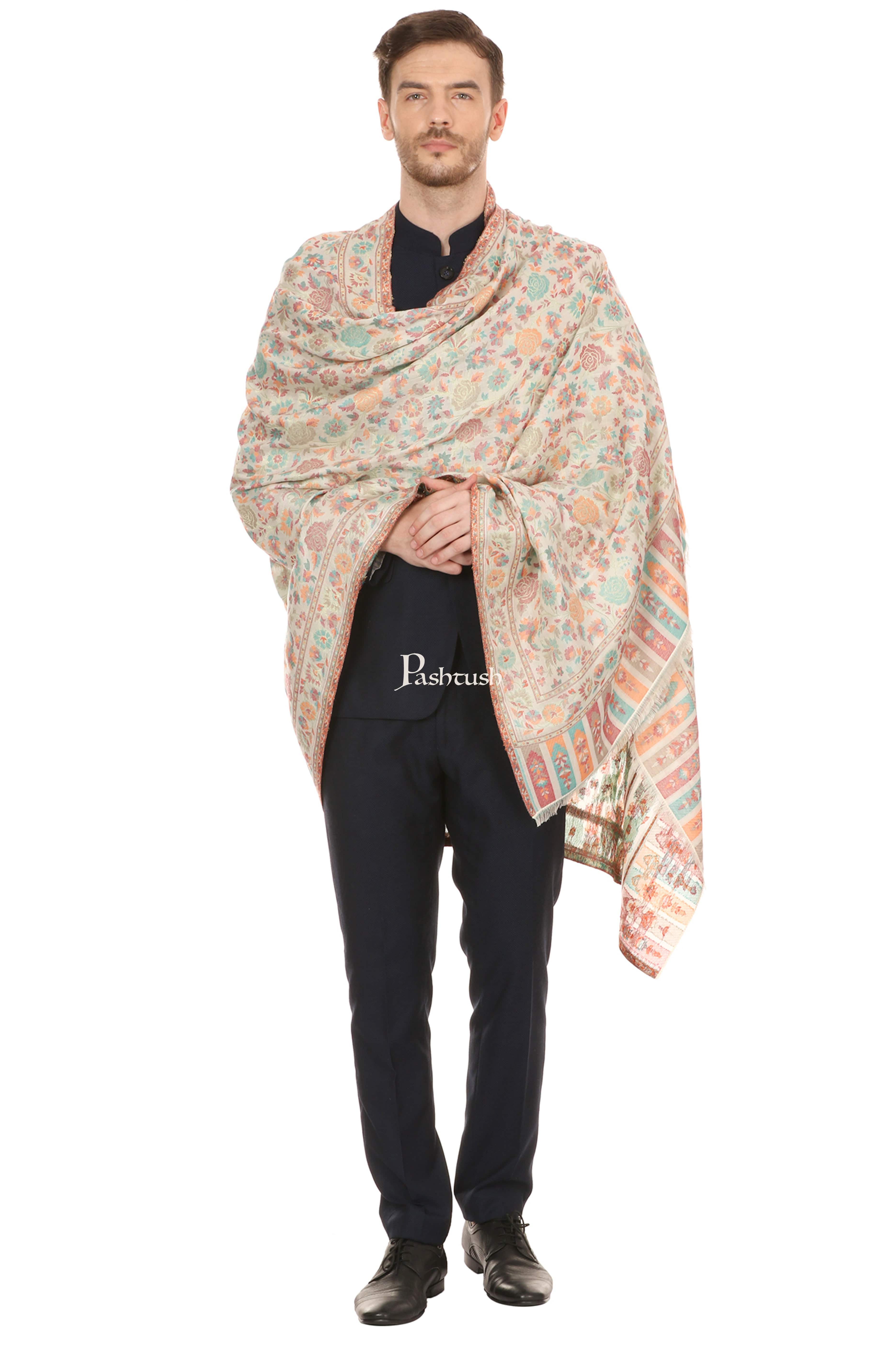 Pashtush Mens Gulaabdar Ethnic Stole, Woven Design Ivory - Image 4