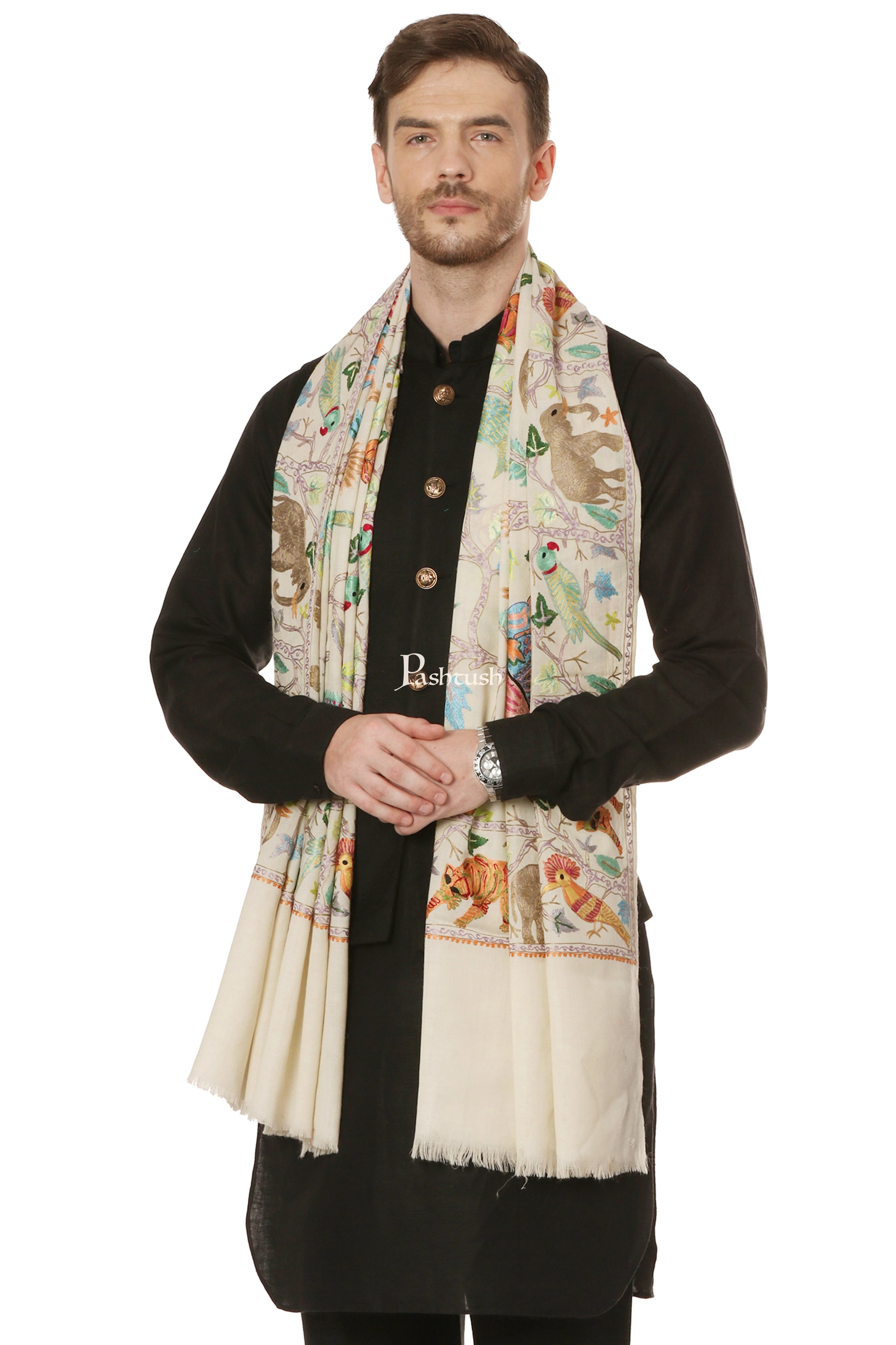 Pashtush Mens Hand Embroidered Stole, 100% Pure Wool - Image 3