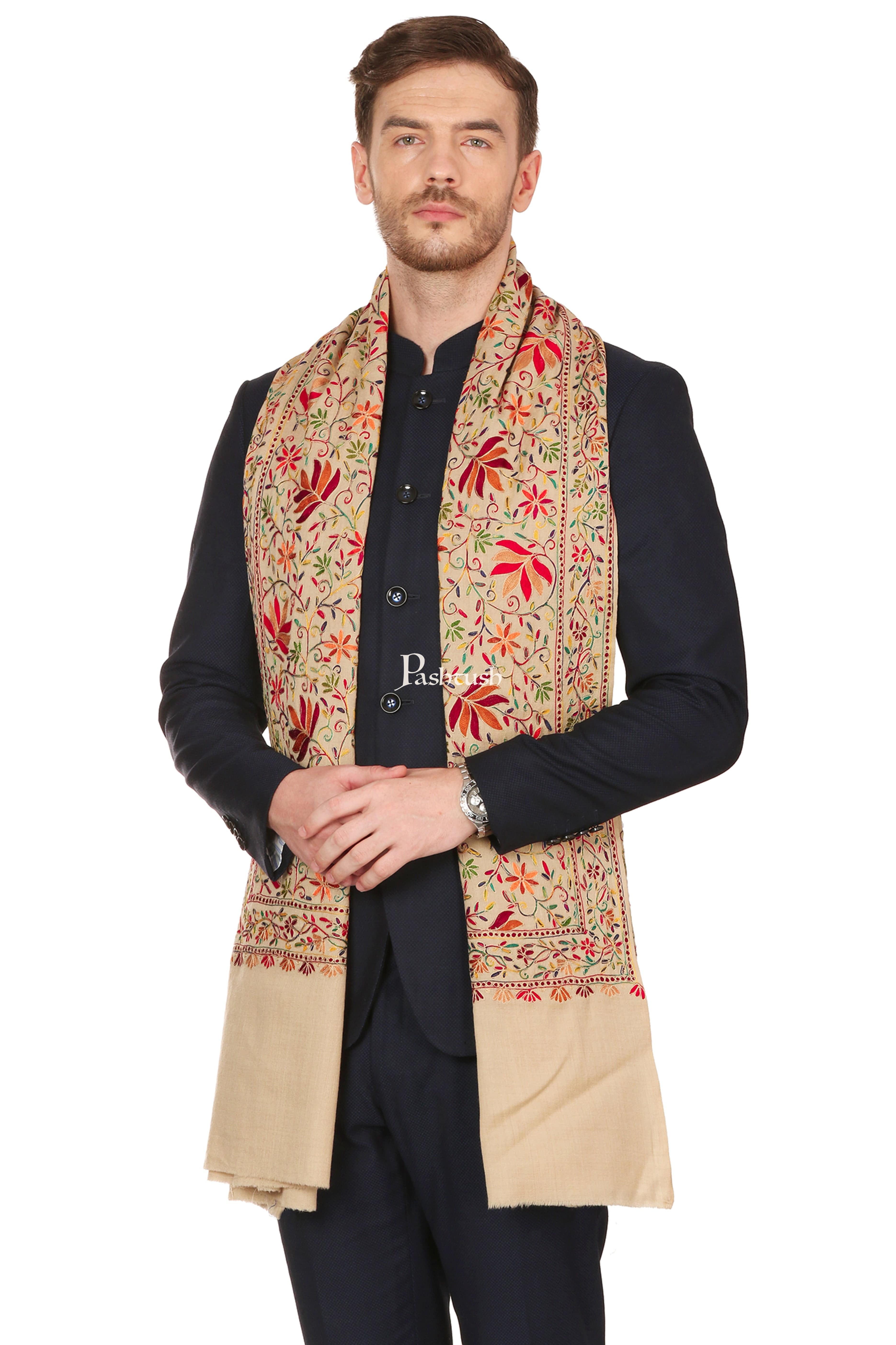 Pashtush Mens Hand Embroidered Stole, Ethnic Wrap, 100% Pure Wool - Image 3