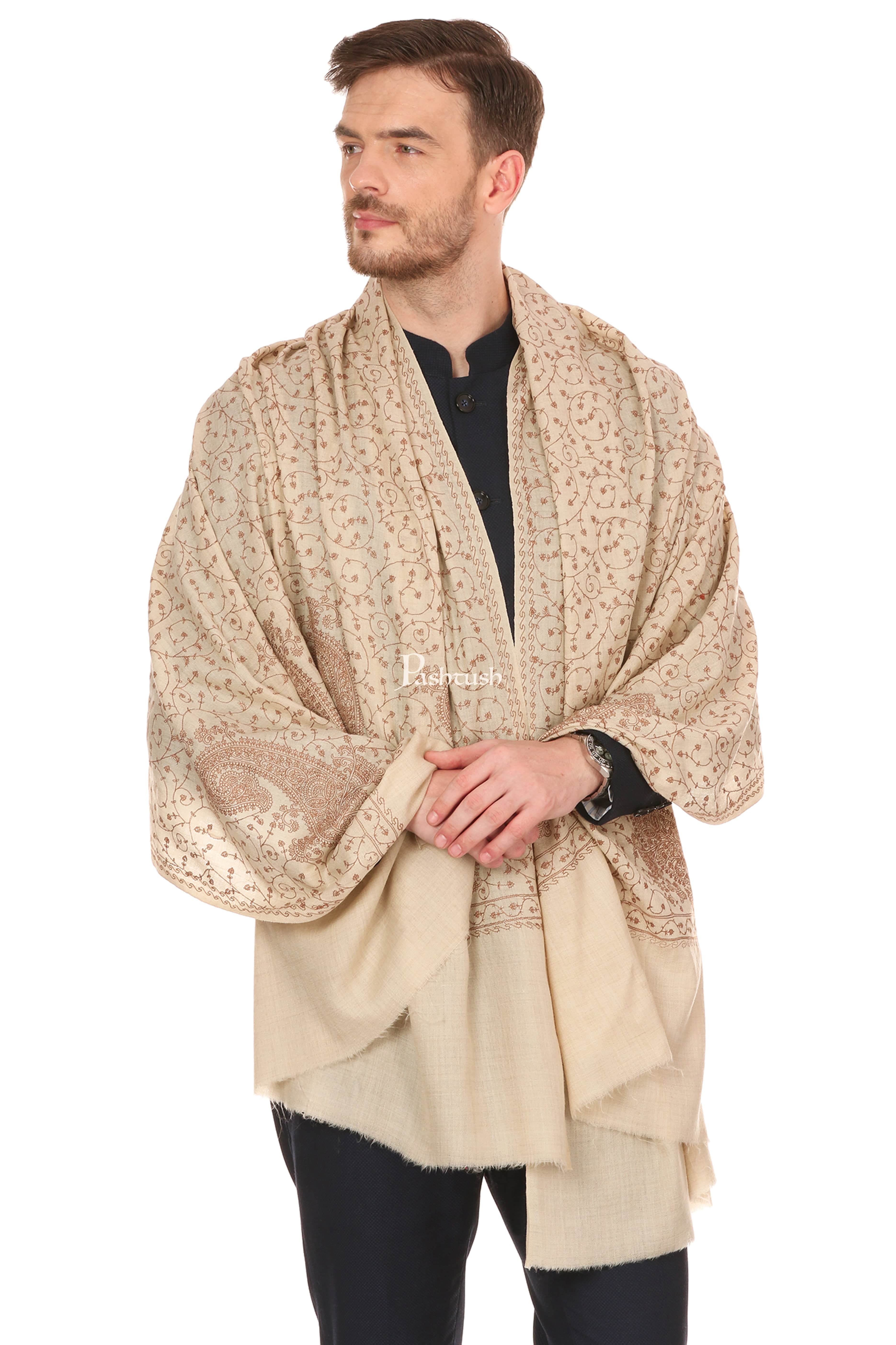 Pashtush Mens Tone On Tone Embroidery Stole - Natural Beige - Image 3