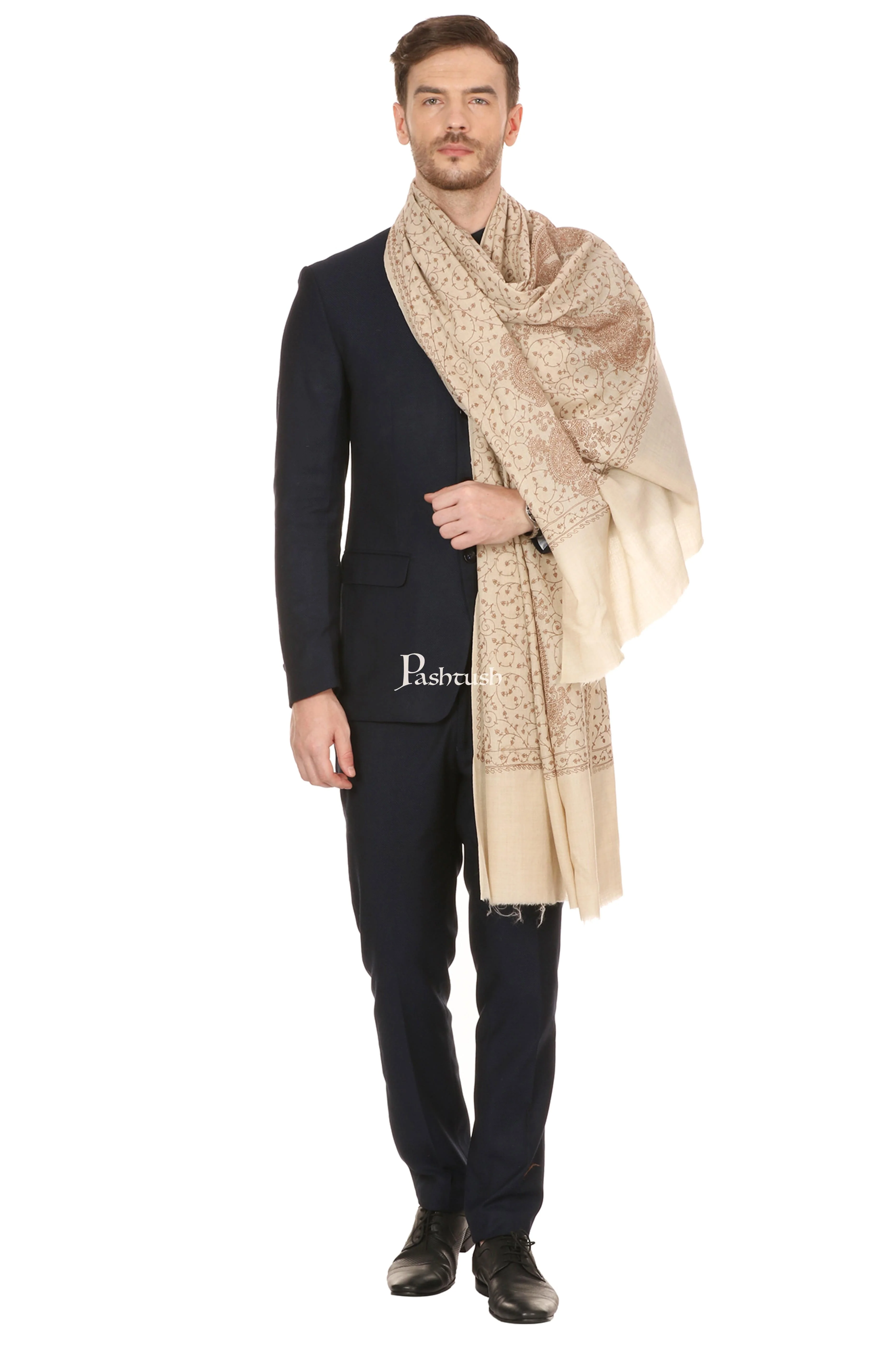 Pashtush Mens Tone On Tone Embroidery Stole - Natural Beige - Image 4