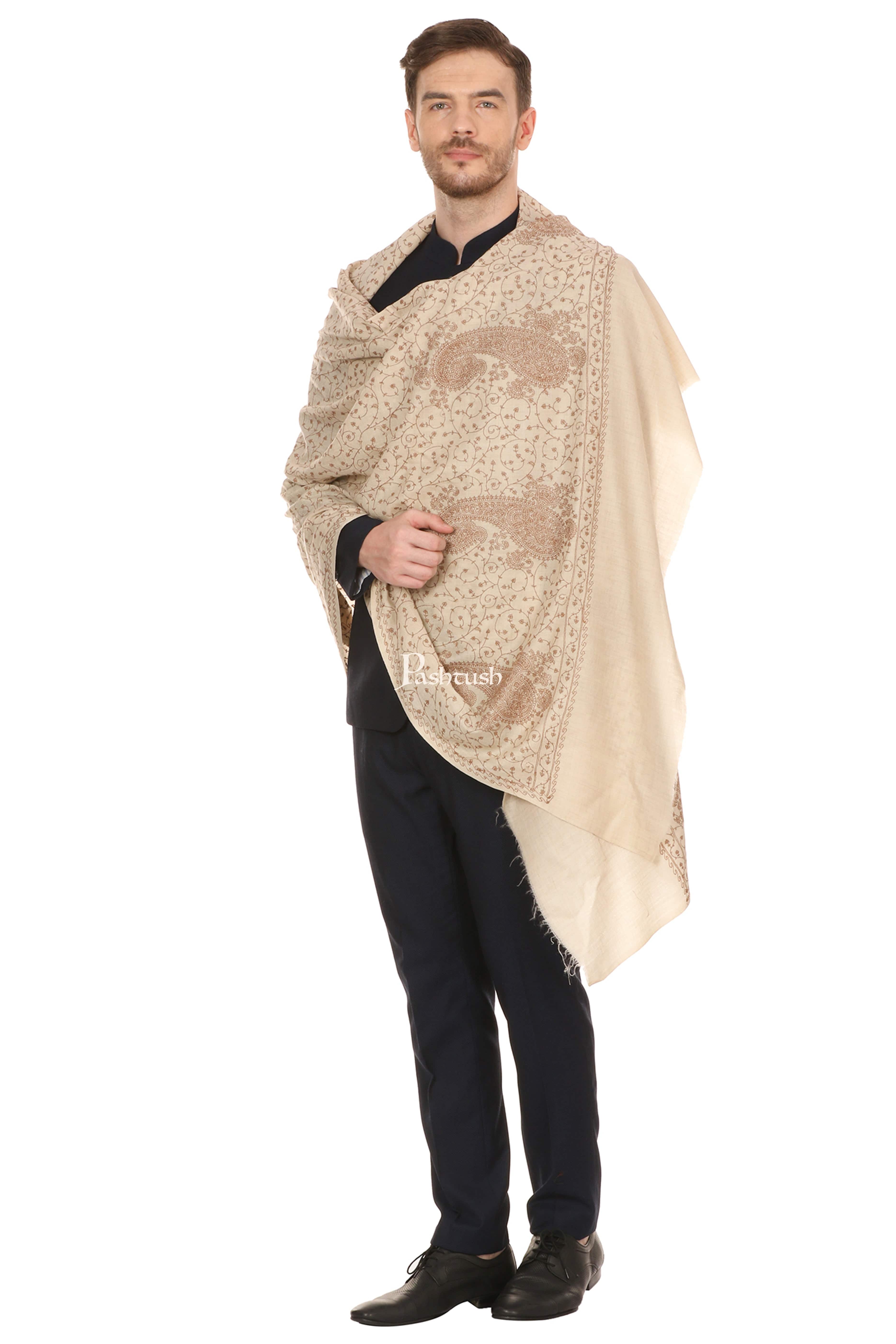 Pashtush Mens Tone On Tone Embroidery Stole - Natural Beige - Image 5