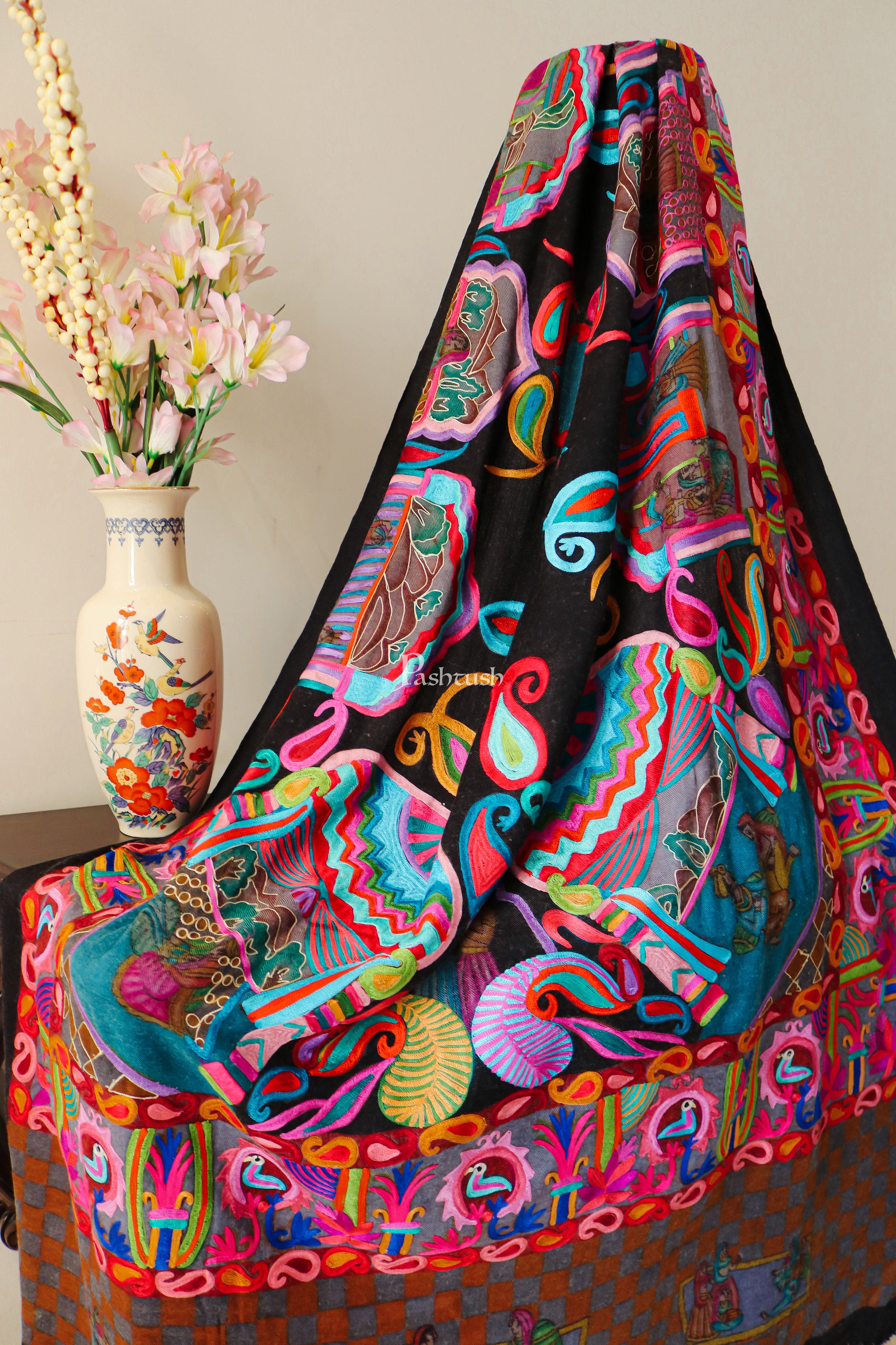 Pashtush 100% Pure Wool with Woolmark Certificate shawl, kalamkari - Munsell Colour Pallete design, Multicolour - Image 5