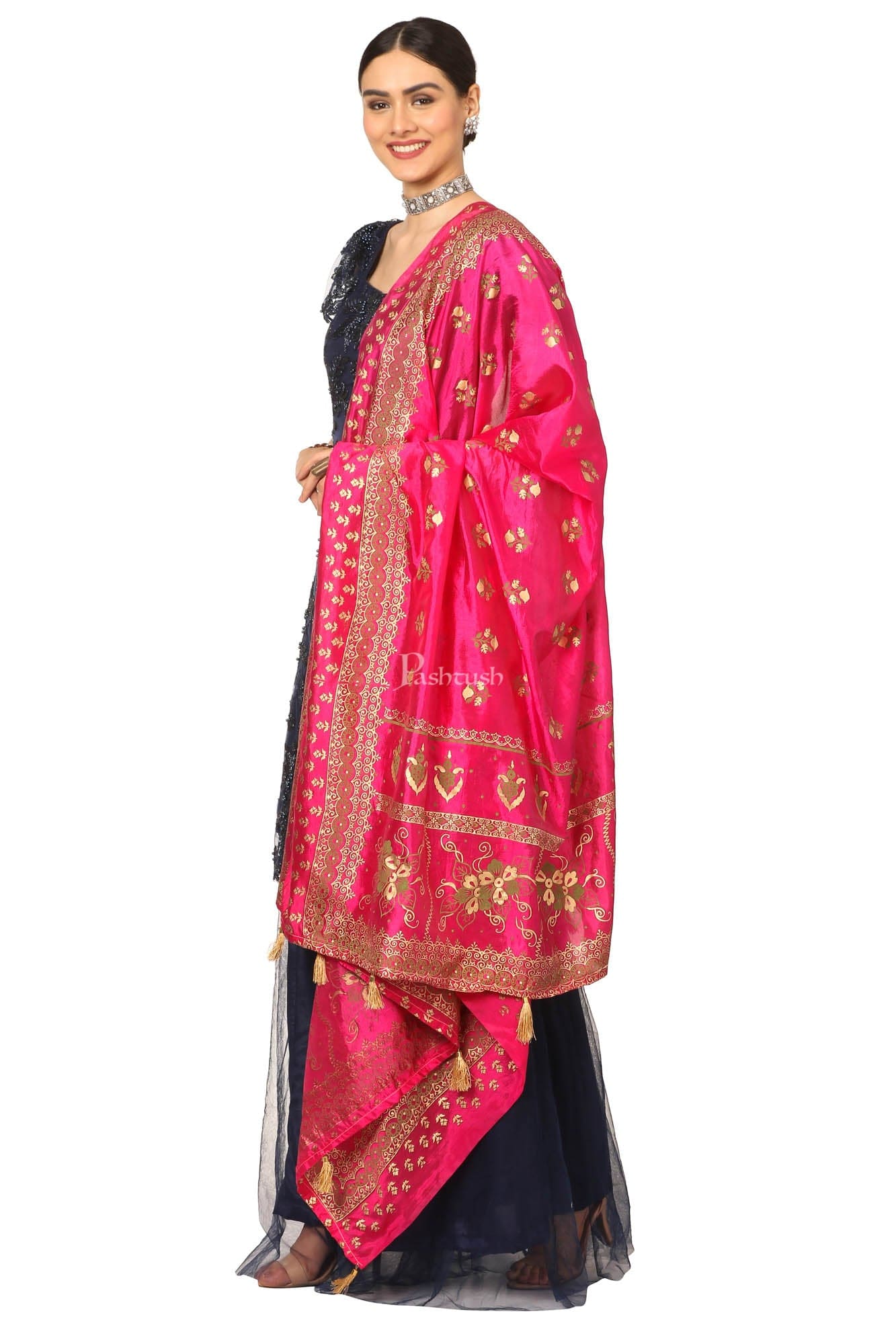 Pashtush Art Silk Dupatta For Women, With Golden Coloured Foil Printing, Light Weight And Bright, Pink