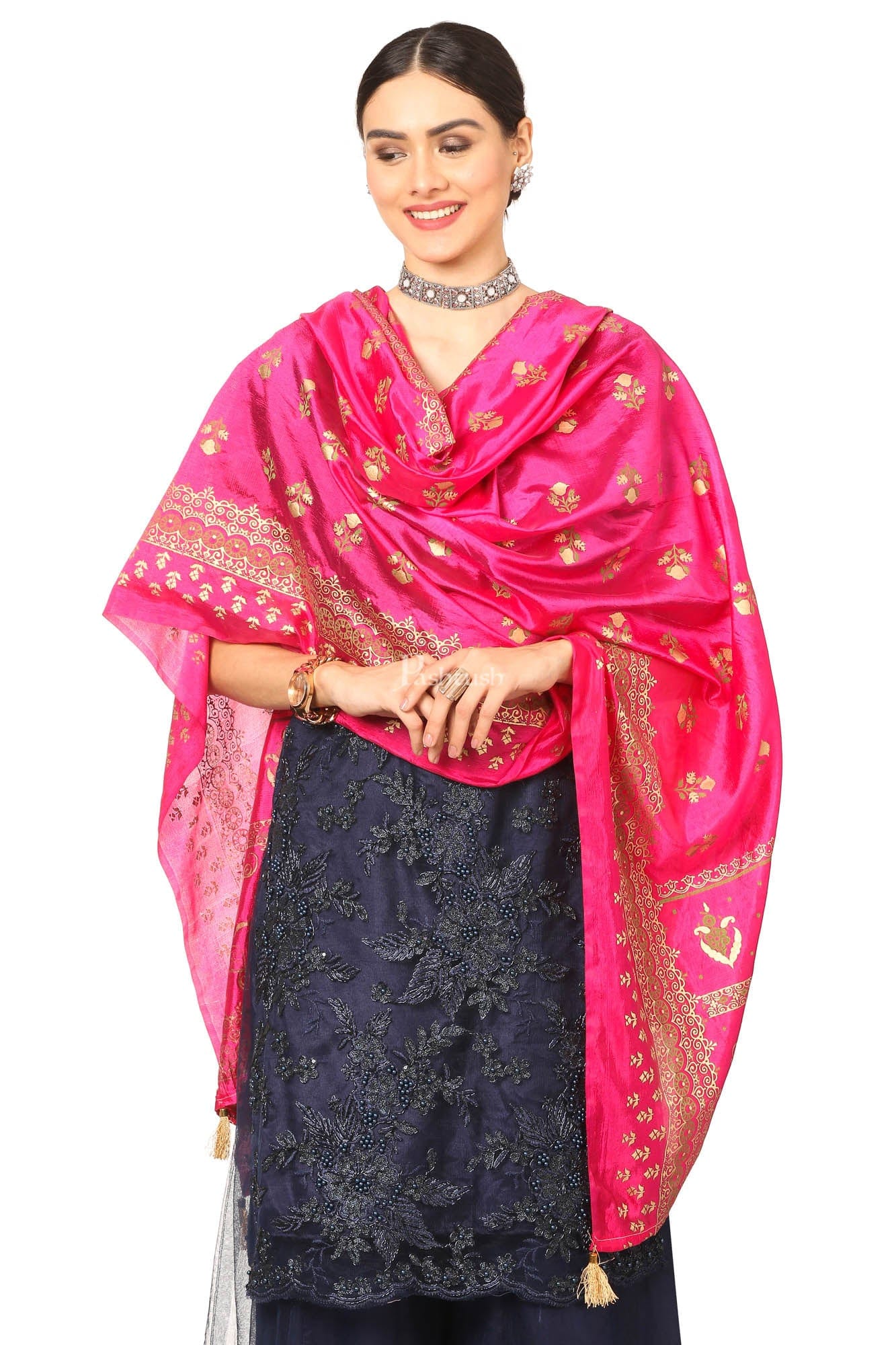 Pashtush Art Silk Dupatta For Women, With Golden Coloured Foil Printing, Light Weight And Bright, Pink - Image 3