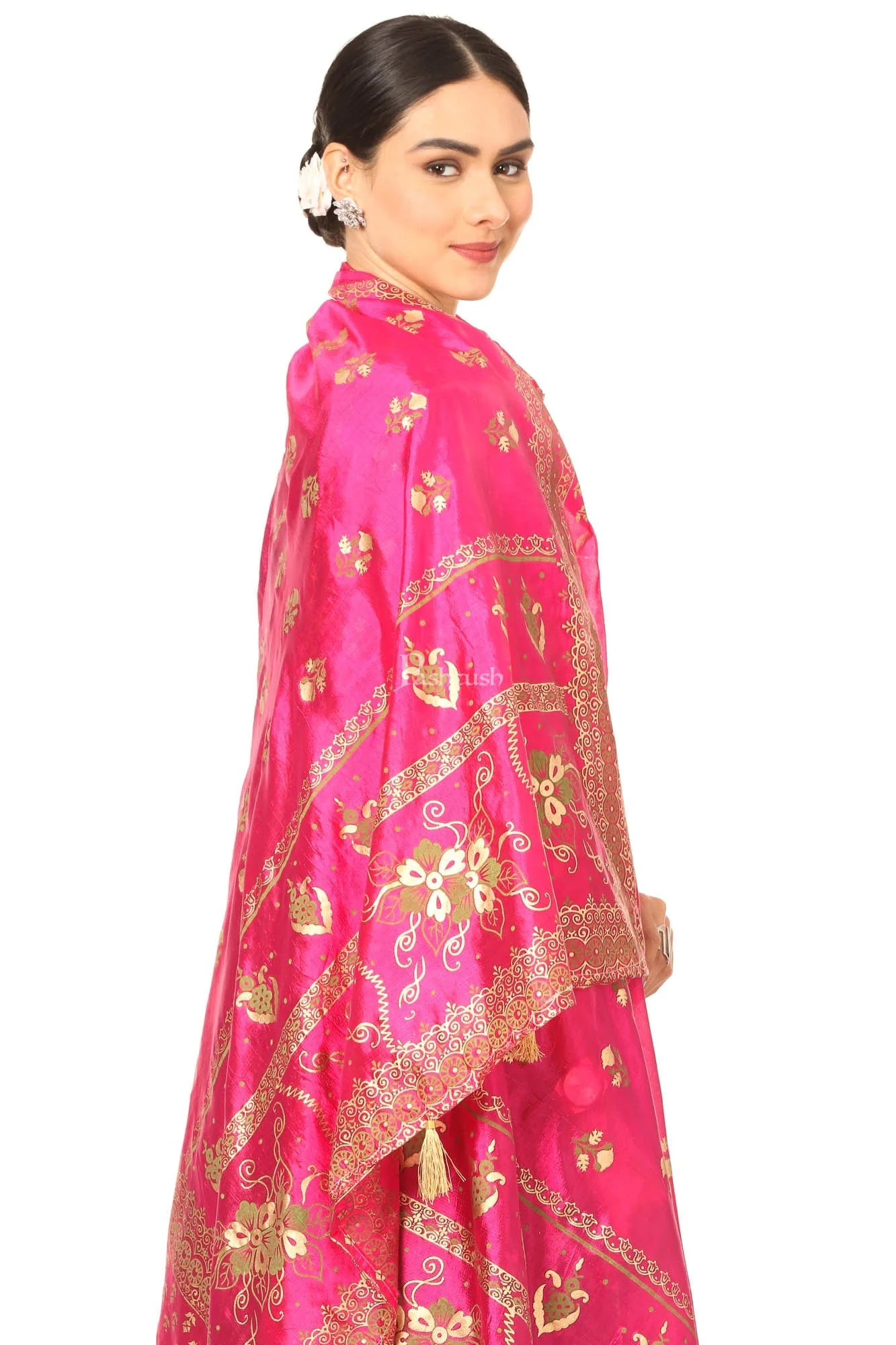 Pashtush Art Silk Dupatta For Women, With Golden Coloured Foil Printing, Light Weight And Bright, Pink - Image 4