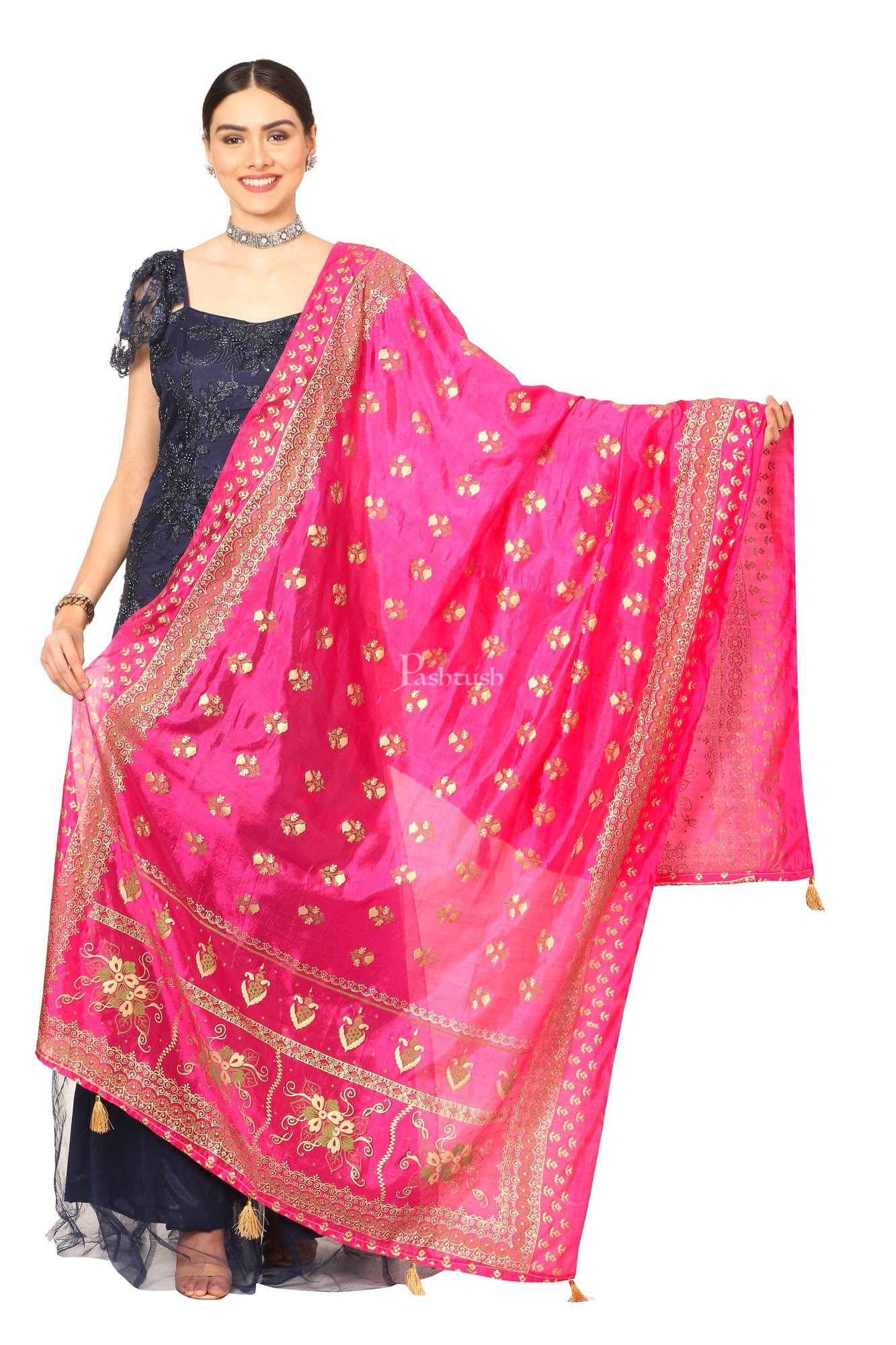 Pashtush Art Silk Dupatta For Women, With Golden Coloured Foil Printing, Light Weight And Bright, Pink - Image 5