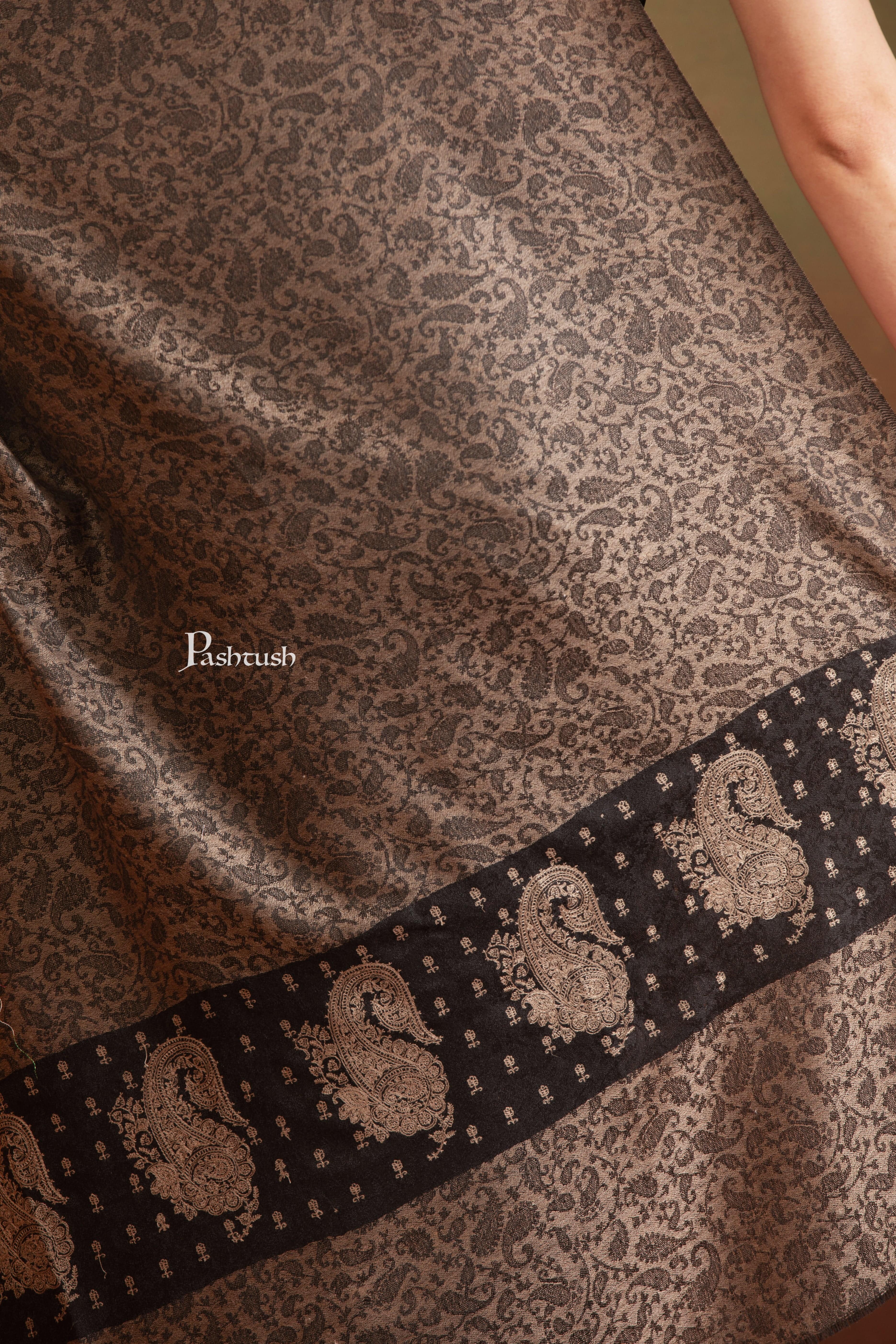 Pashtush Extra Fine Wool Shawl, Tone On Tone Palla Embroidery Design, Black - Image 2