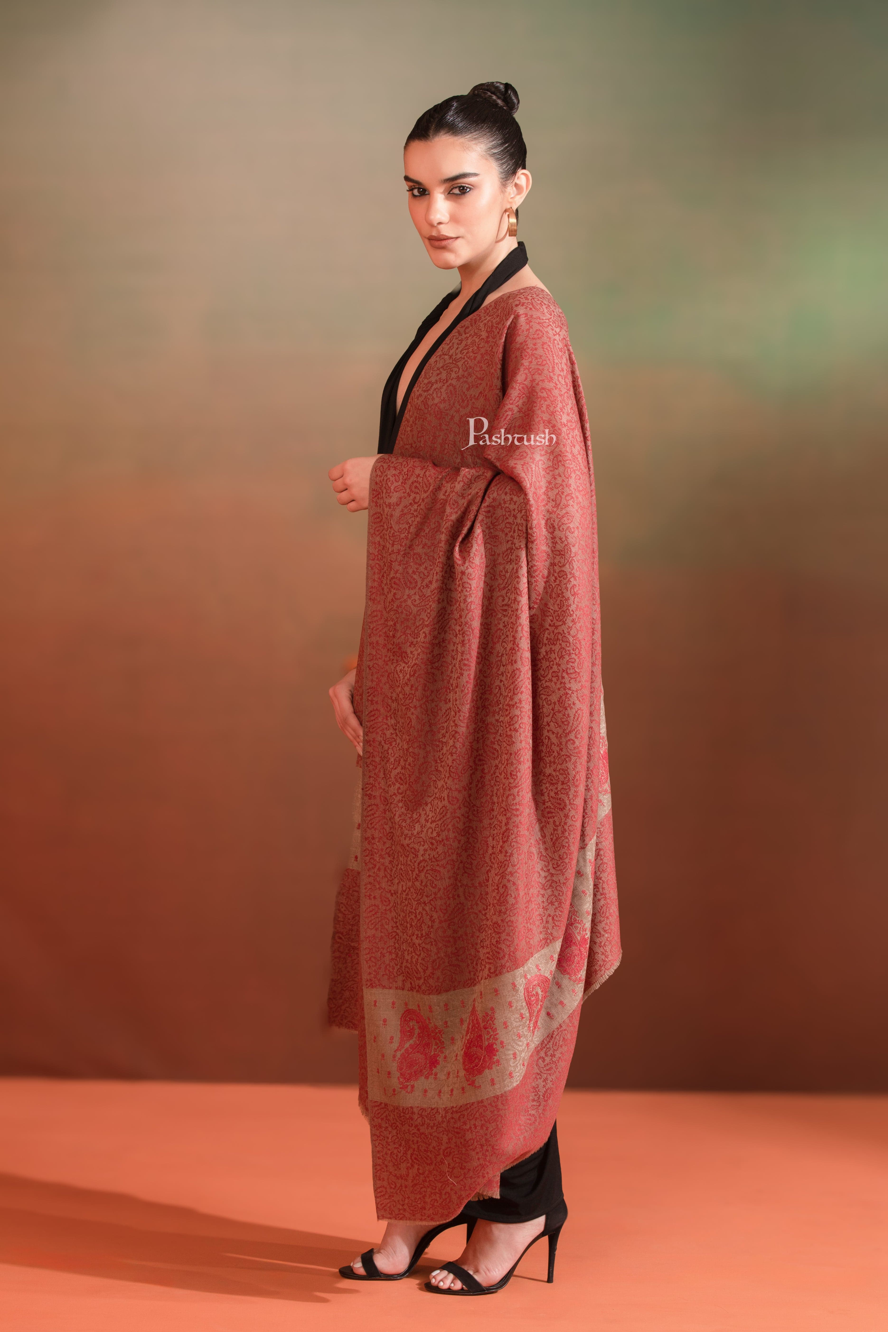 Pashtush Extra Fine Wool Shawl, Tone On Tone Palla Embroidery Design, Rose - Image 4