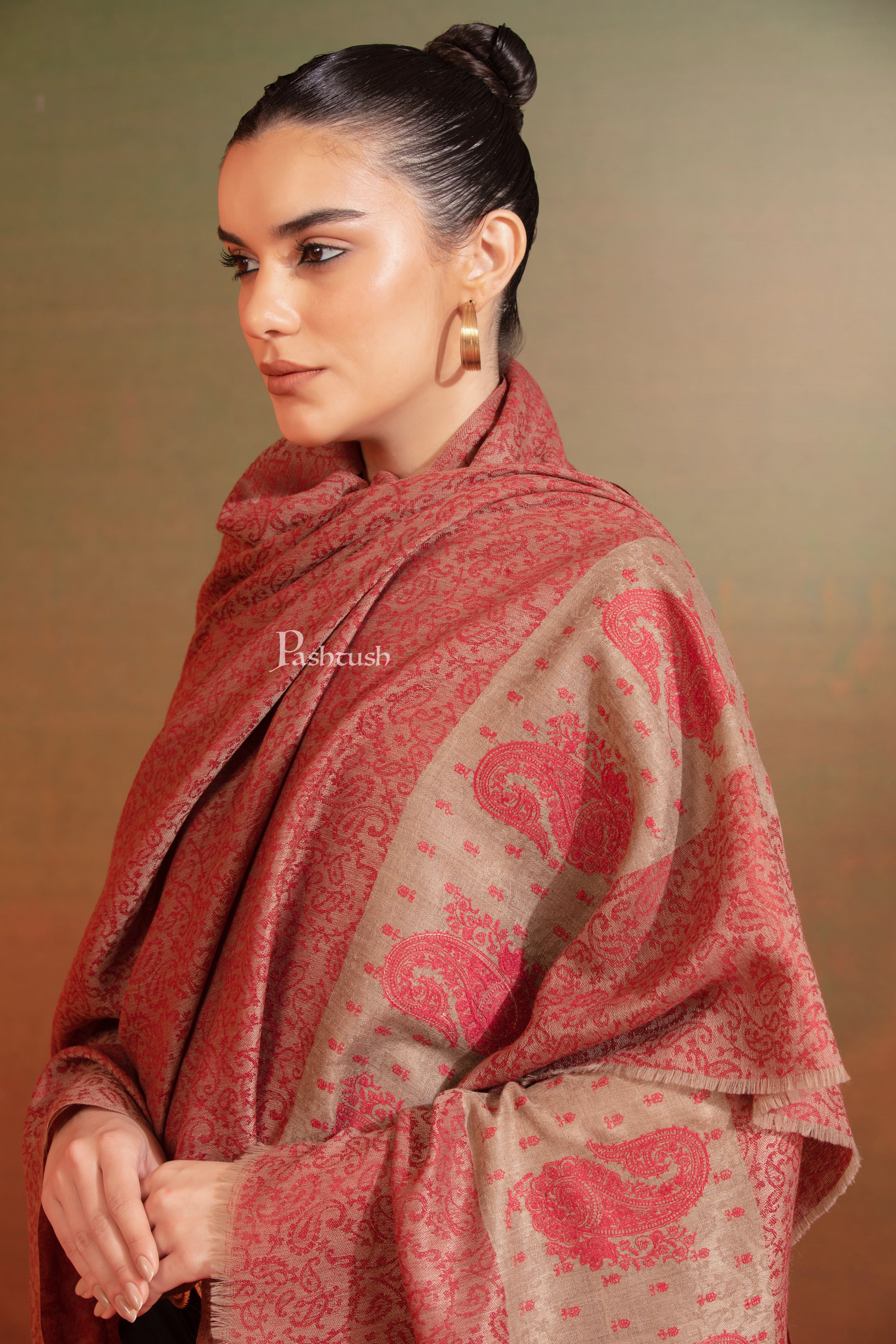 Pashtush Extra Fine Wool Shawl, Tone On Tone Palla Embroidery Design, Rose - Image 5