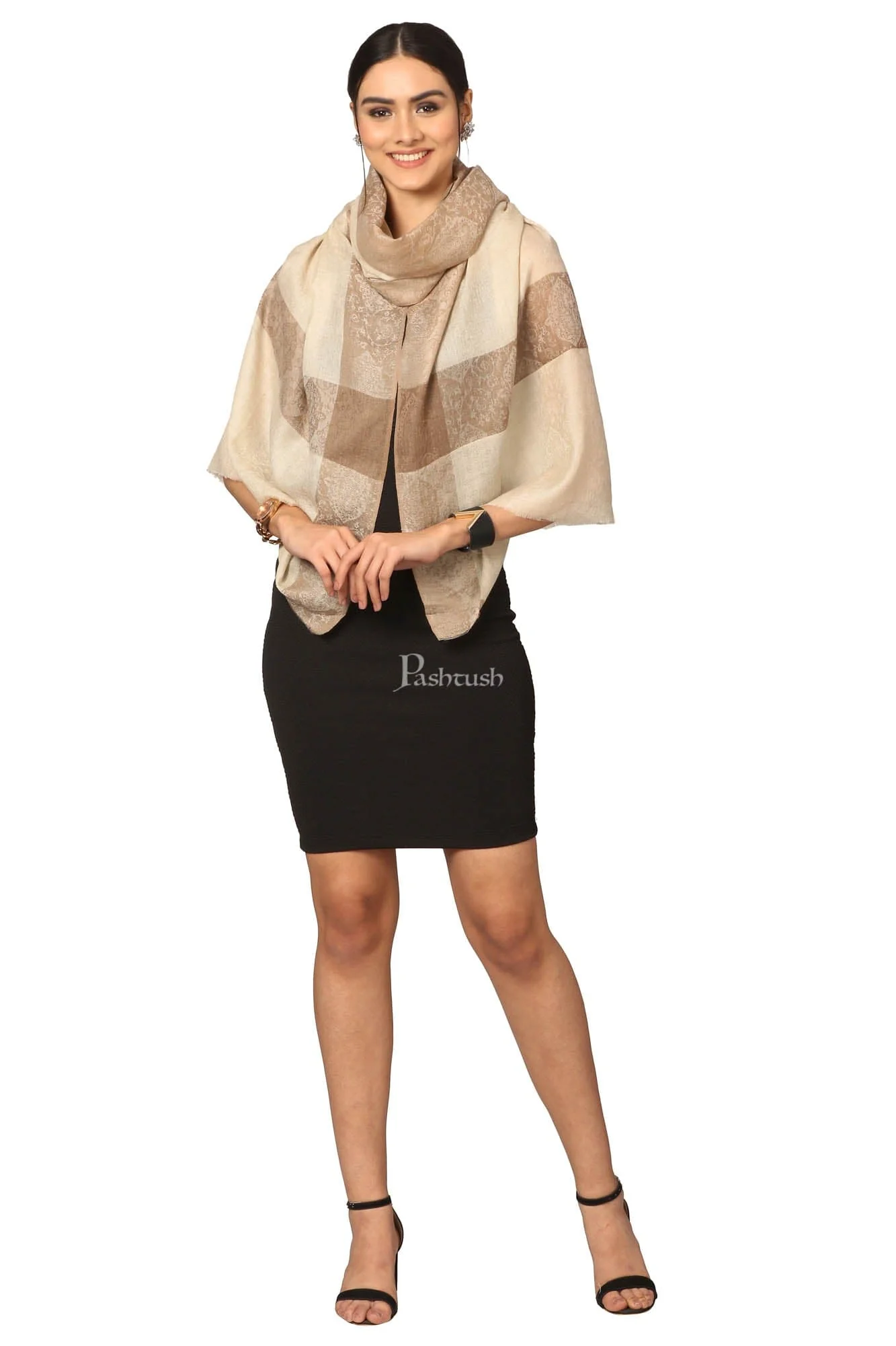 Pashtush Fine Wool Luxury Striped Design Scarf, Stole, Weaving Design - Beige - Image 5
