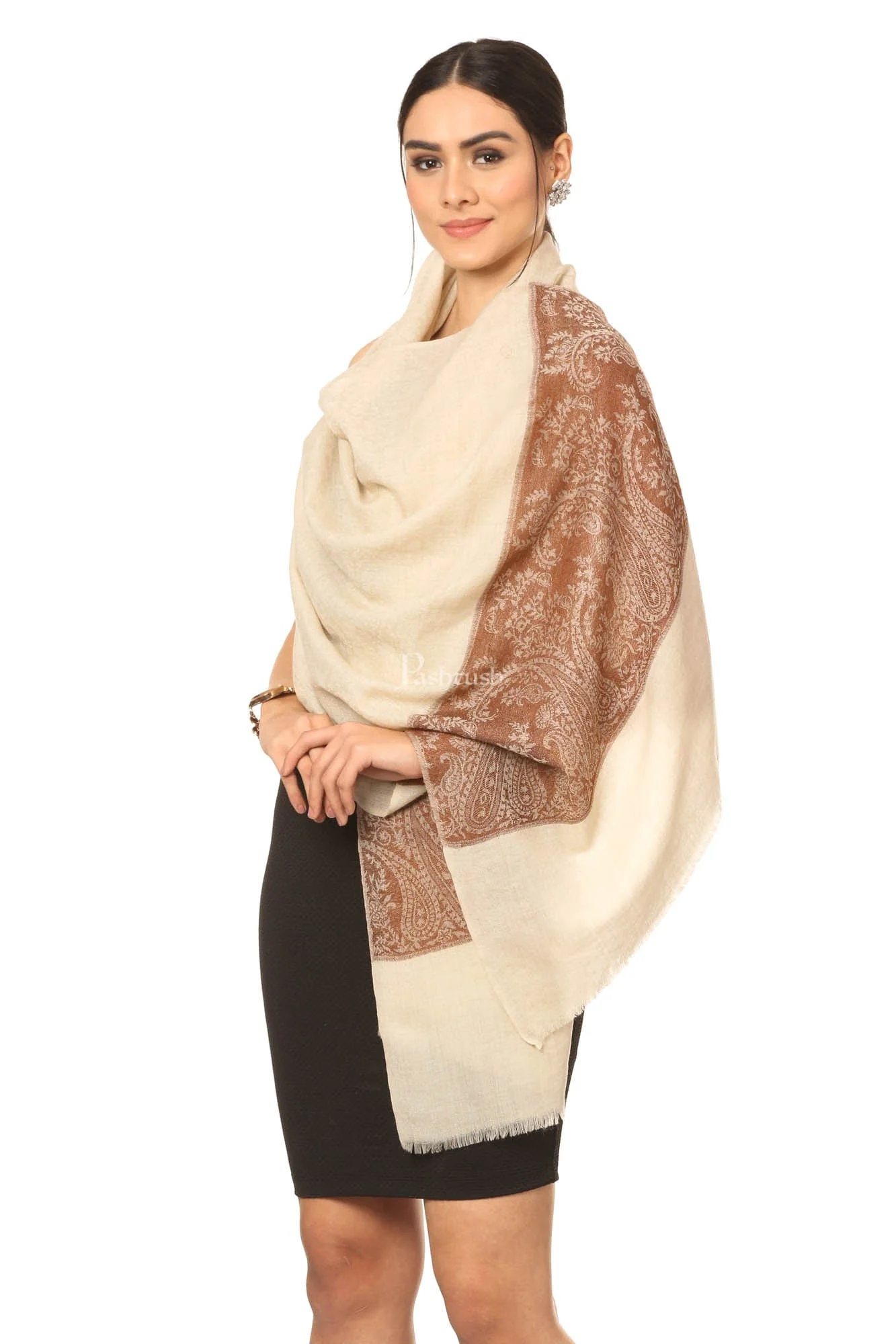 Pashtush Fine Wool Luxury Striped Design Scarf, Stole, Weaving Design - Coffee - Image 3