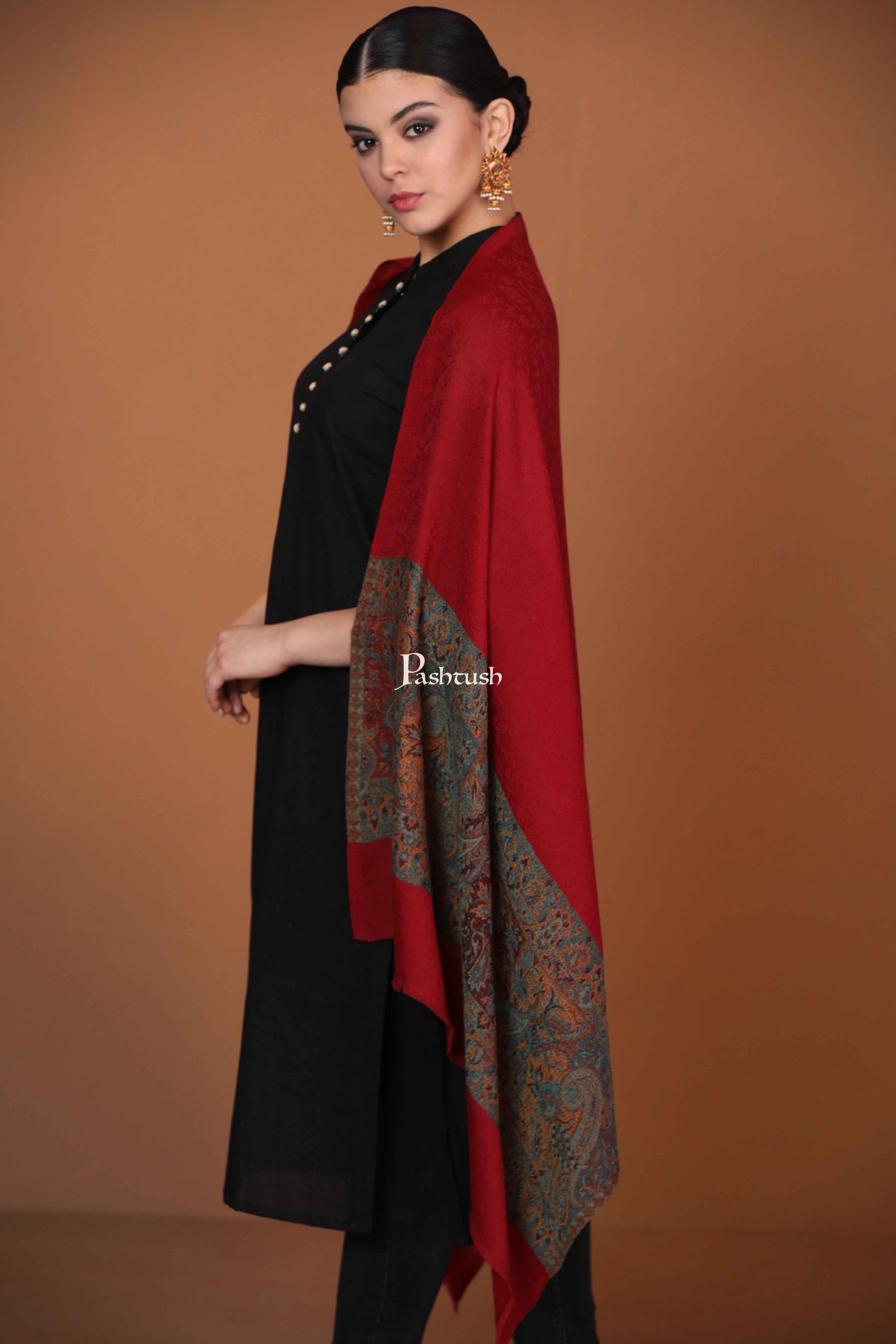 Pashtush Extra Fine Wool Stole, Ethnic palla Design - Maroon - Image 8