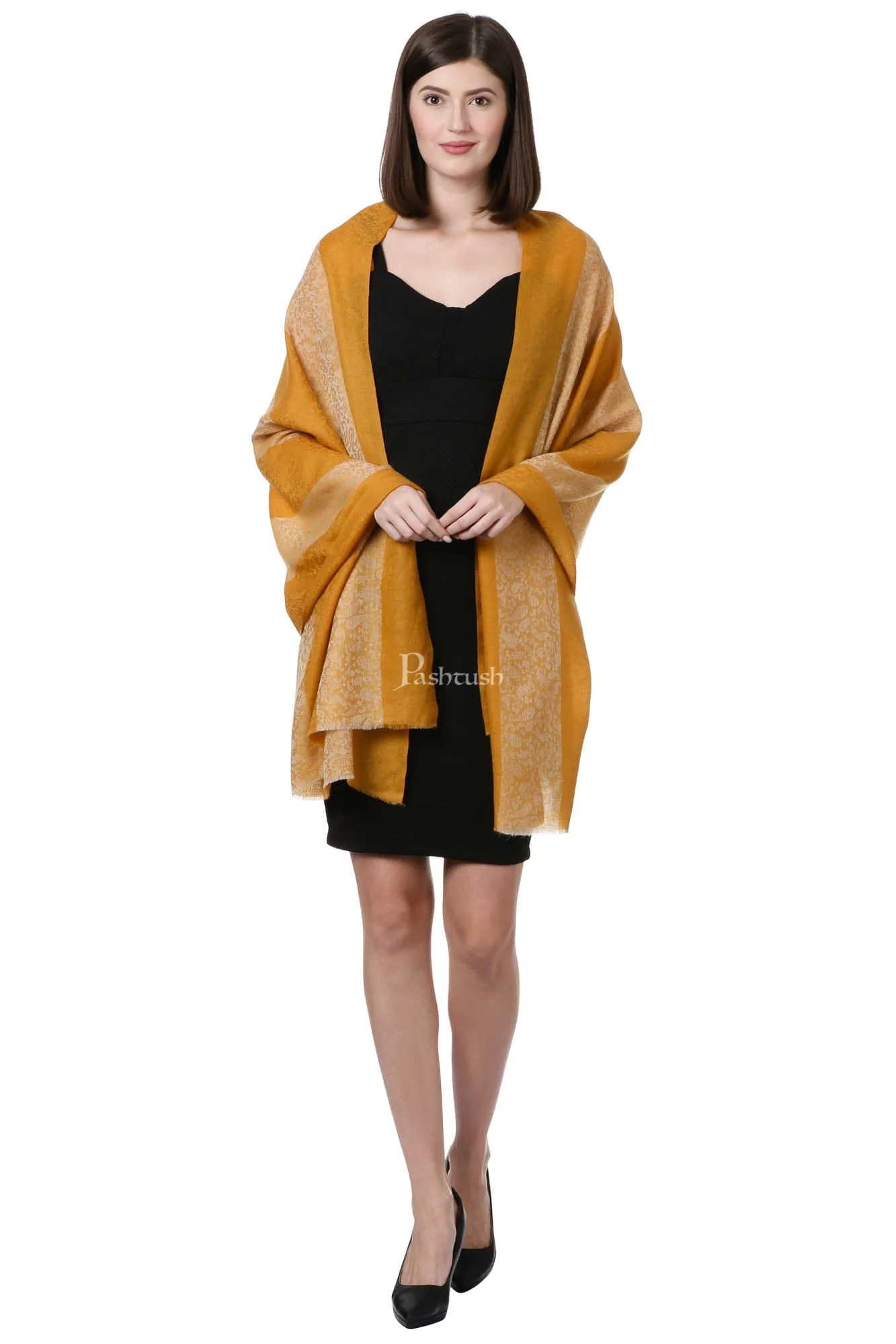 Pashtush Fine Wool Luxury Striped Design Scarf, Stole, Weaving Design - Mustard