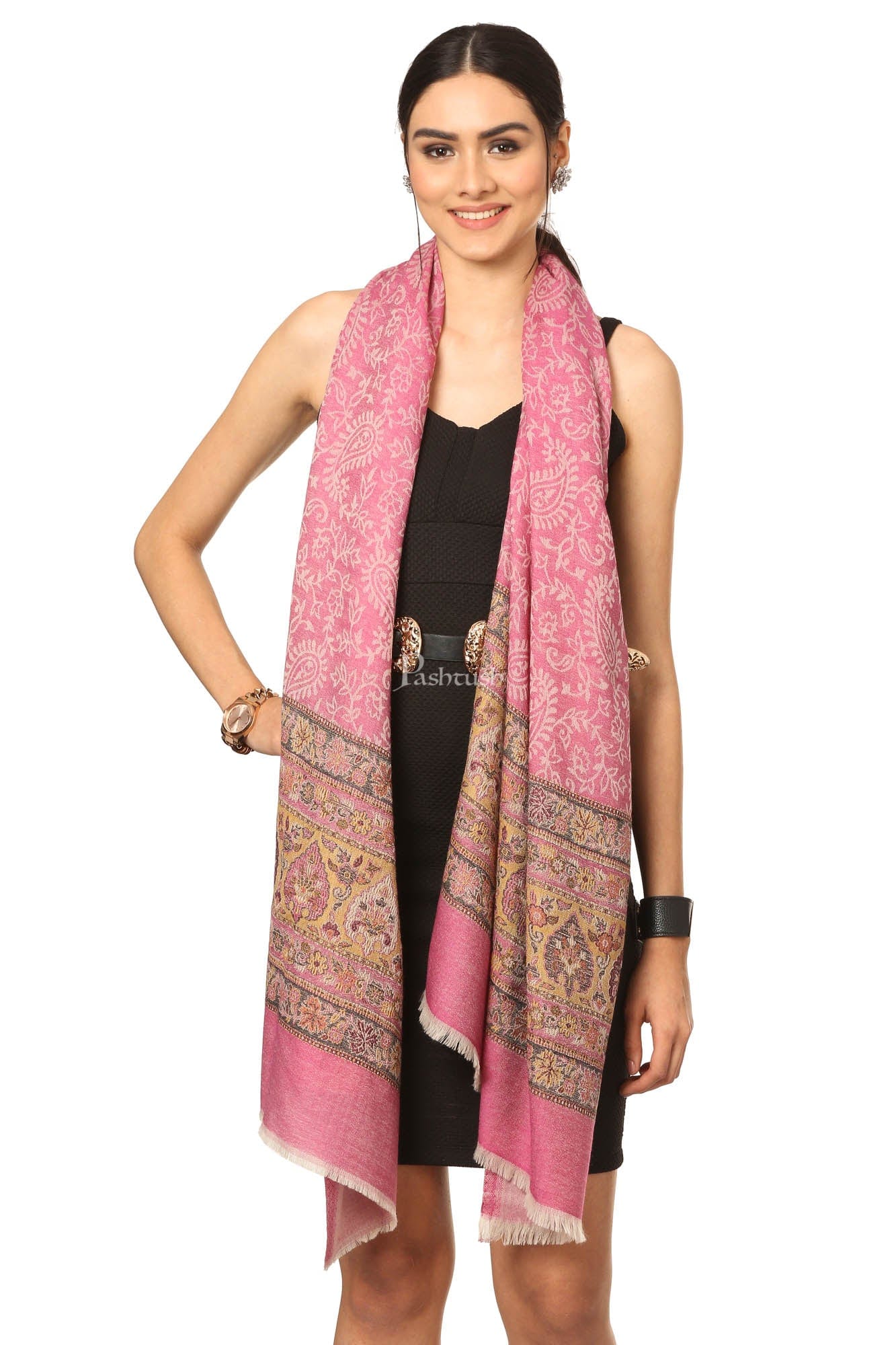 Pashtush Fine Wool Luxury Striped Design Scarf, Stole, Weaving Design - Pink - Image 3