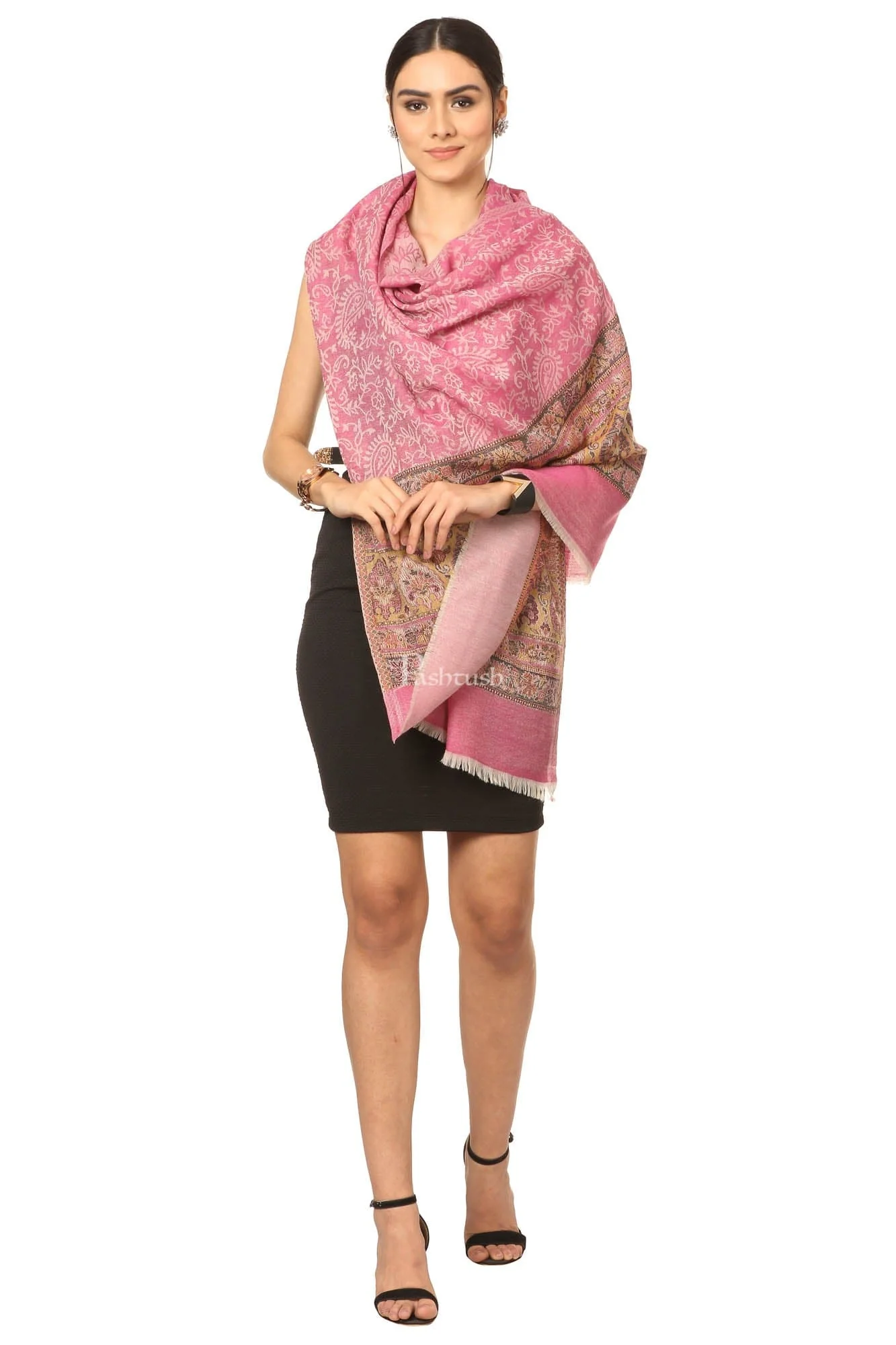 Pashtush Fine Wool Luxury Striped Design Scarf, Stole, Weaving Design - Pink - Image 4