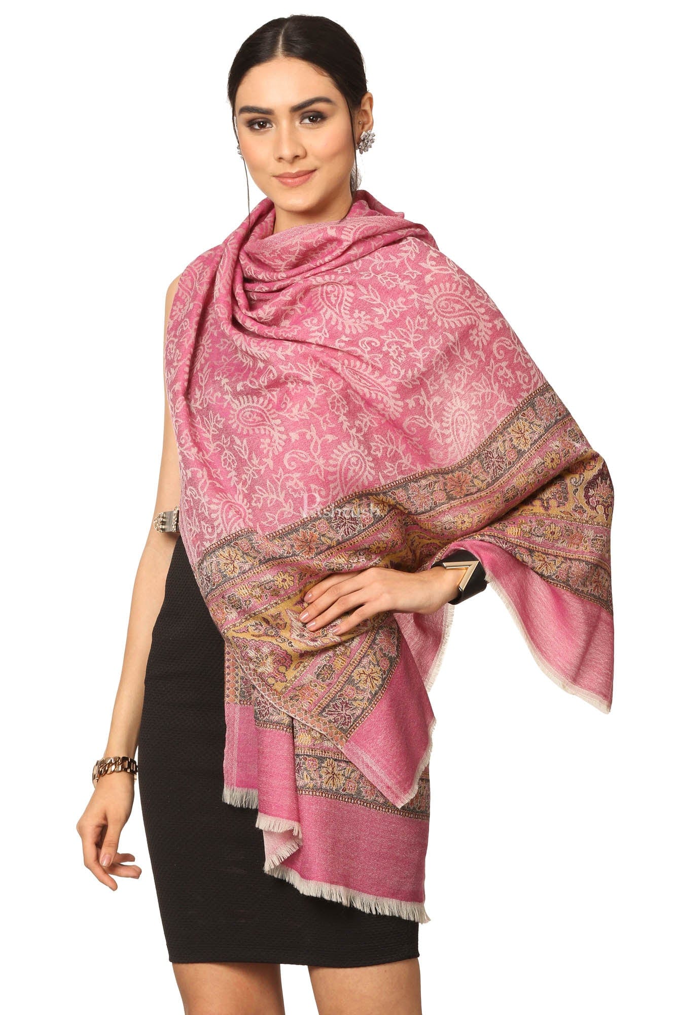 Pashtush Fine Wool Luxury Striped Design Scarf, Stole, Weaving Design - Pink - Image 5