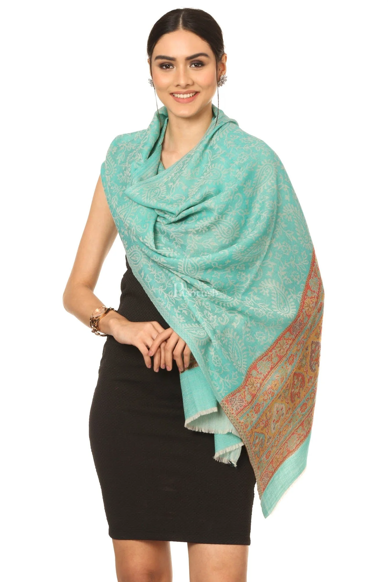 Pashtush Fine Wool Luxury Striped Design Scarf, Stole, Weaving Design - Sea Green