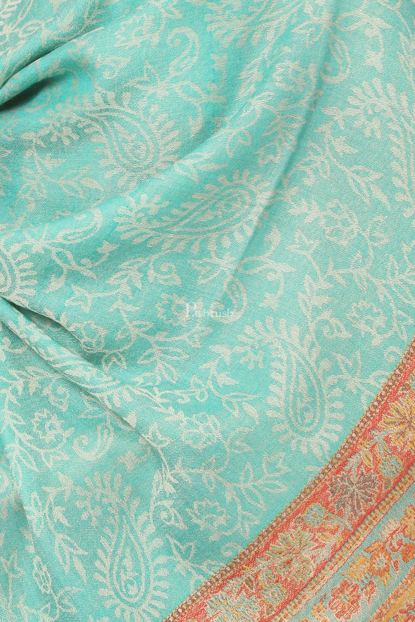Pashtush Fine Wool Luxury Striped Design Scarf, Stole, Weaving Design - Sea Green - Image 2