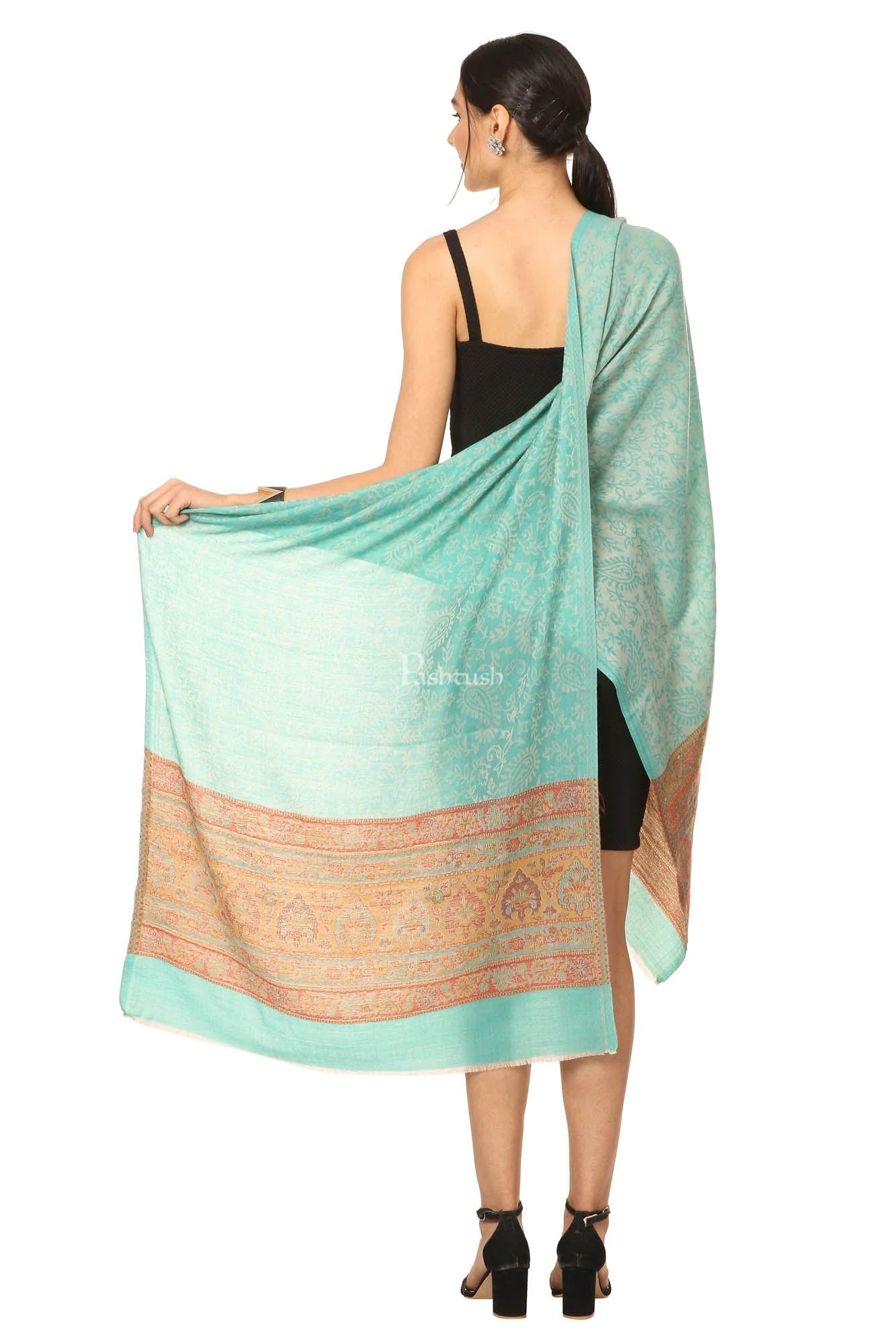 Pashtush Fine Wool Luxury Striped Design Scarf, Stole, Weaving Design - Sea Green - Image 3