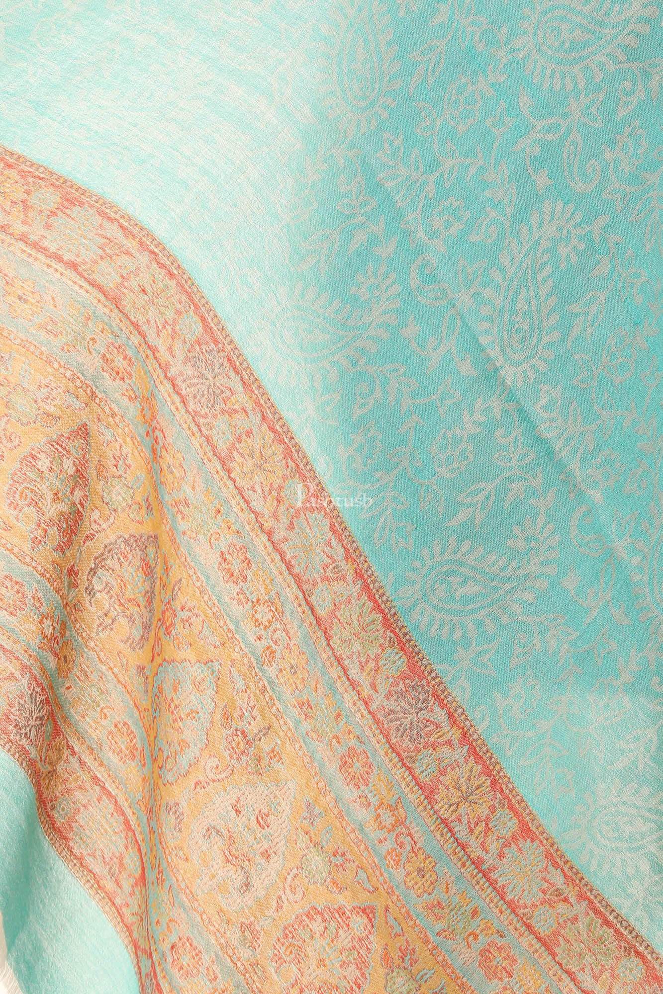 Pashtush Fine Wool Luxury Striped Design Scarf, Stole, Weaving Design - Sea Green - Image 5