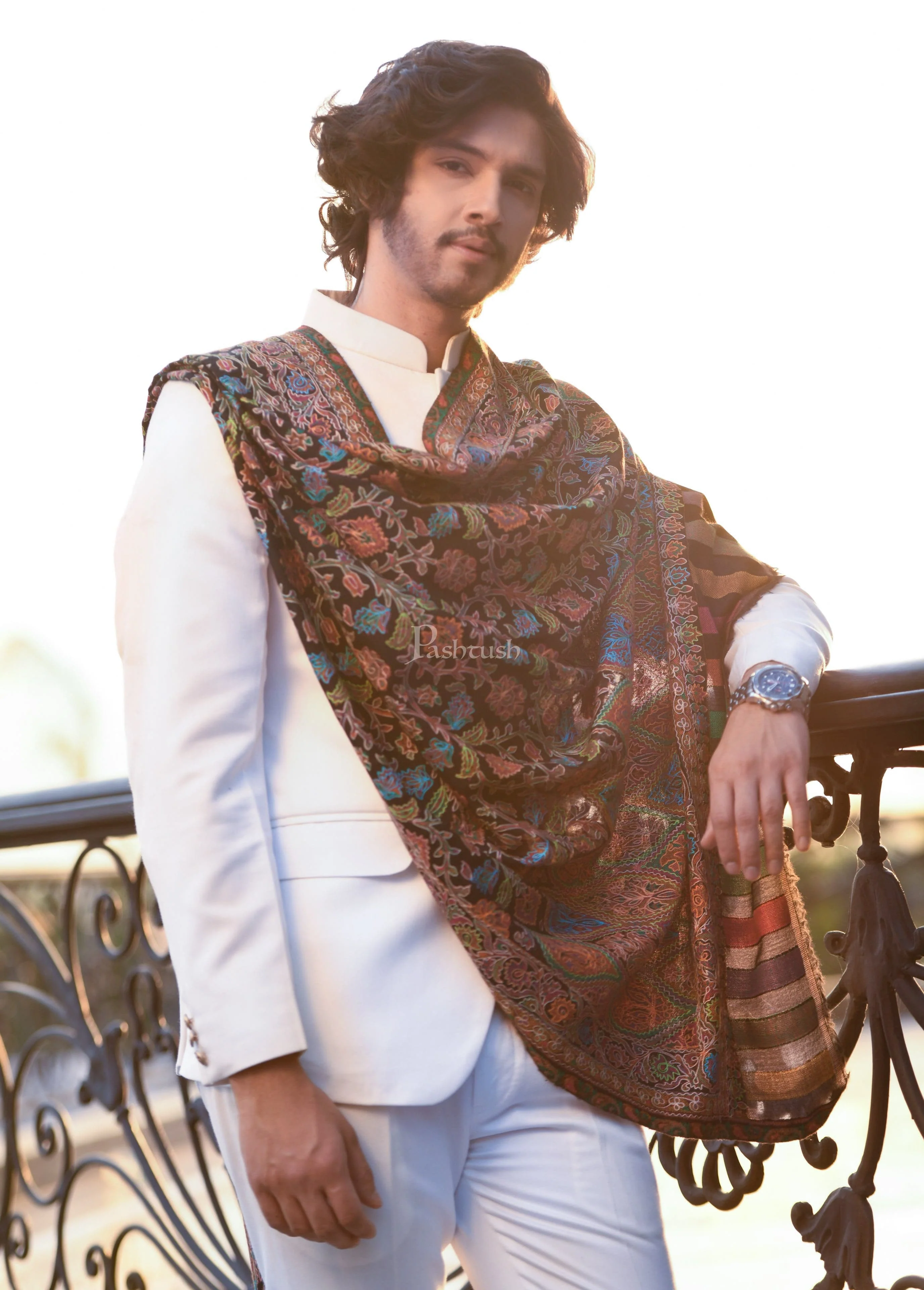 Pashtush Fine Wool Woven Ethnic Weave Kashmiri Nalki Outline Embroidered, Stole, Black - Image 3
