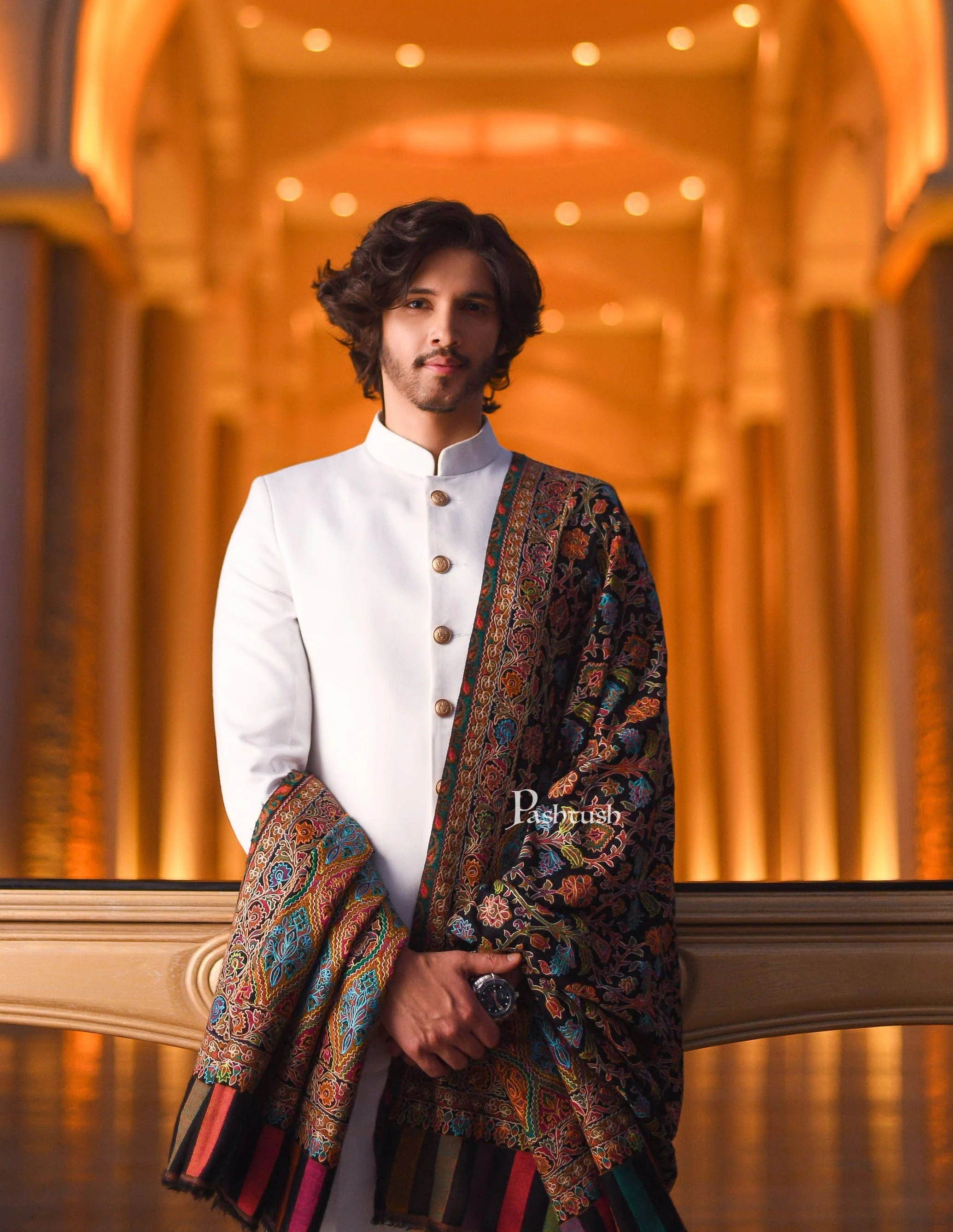 Pashtush Fine Wool Woven Ethnic Weave Kashmiri Nalki Outline Embroidered, Stole, Black - Image 4