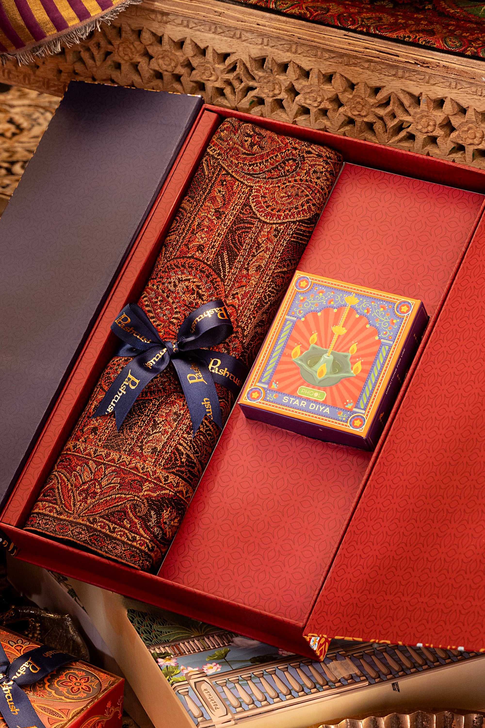 Pashtush Gift Set of Jamawar Stole with Phool Star Diya, Premium Gift Box Packaging