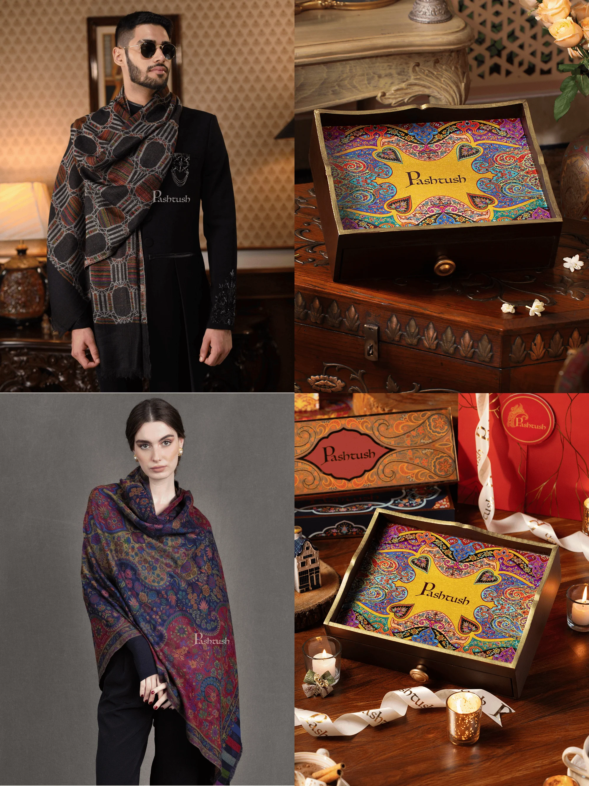 Pashtush His and Her Gift Set of 10% Pure Wool Stoles, Black and Multicoloured, Packaged in Keepsake Wooden Chester Gift Box