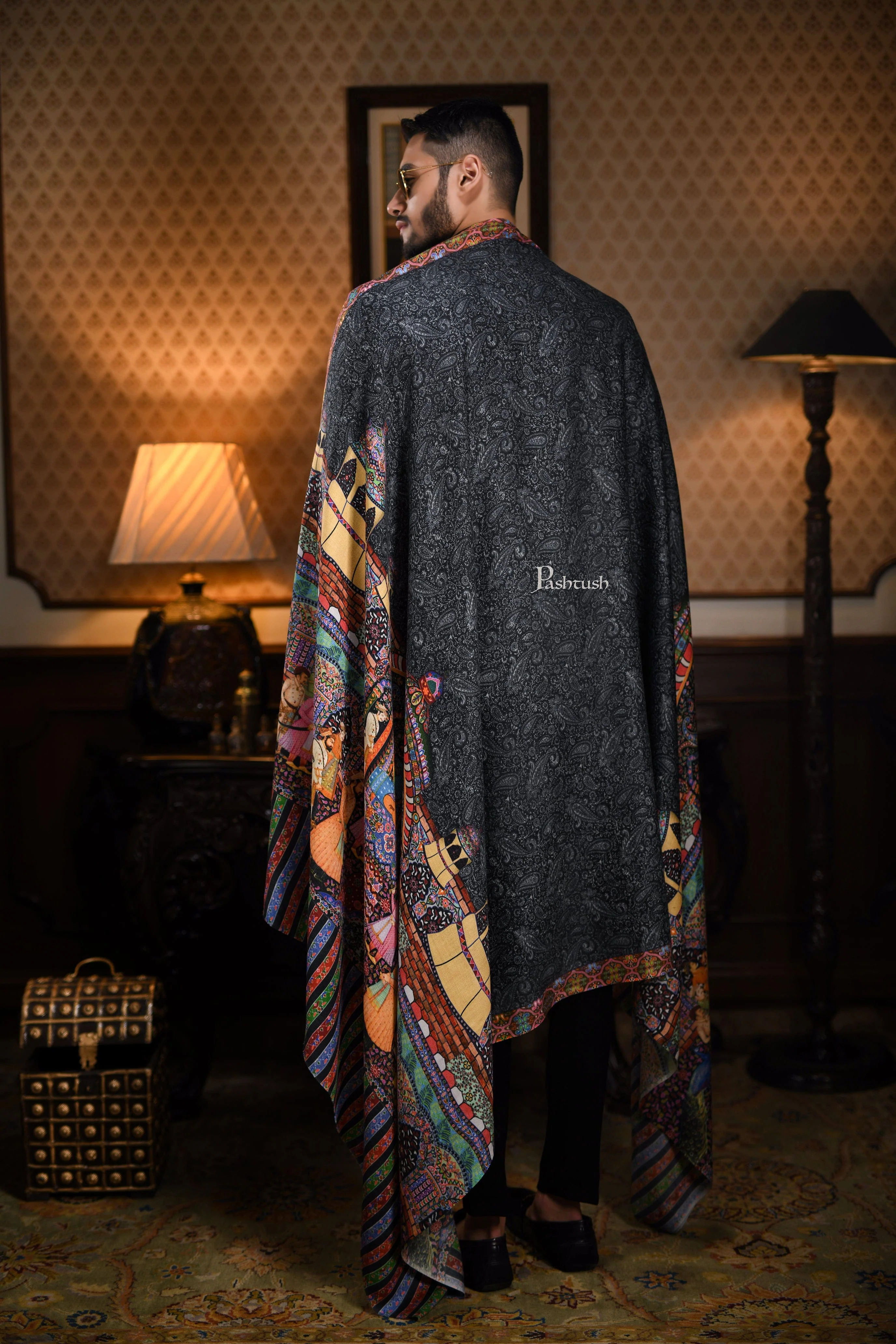 Pashtush His And Her Gift Set Of 100% Pure Wool Printed Stole and Darbar Shawl With Wooden Chester Box, Multicolour - Image 15